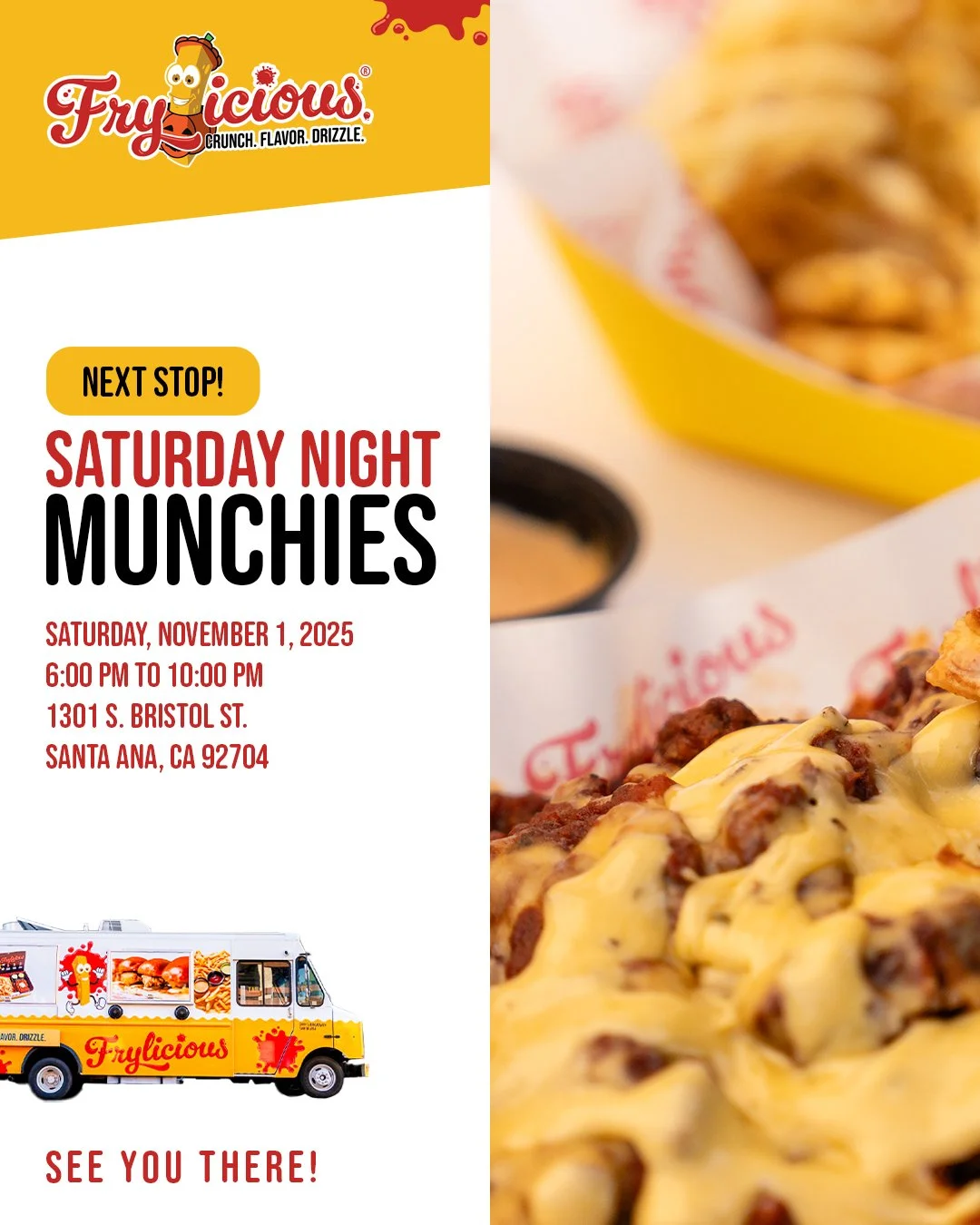 Spice up your Saturday night with Frylicious! Swing by 1301 S. Bristol St., Santa Ana from 6 PM&ndash;10 PM and satisfy those munchies the Frylicious way!

#frylicious #frenchfries #frieslover #foodlovers #santaana