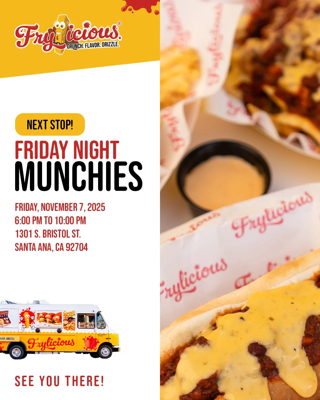 This coming Friday, November 7, we&rsquo;re back at Friday Night Munchies in Santa Ana! Stop by between 6 PM to 10 PM for a night full of delicious food and good vibes.

#frylicious #frenchfries #frieslover #foodlovers #santaana