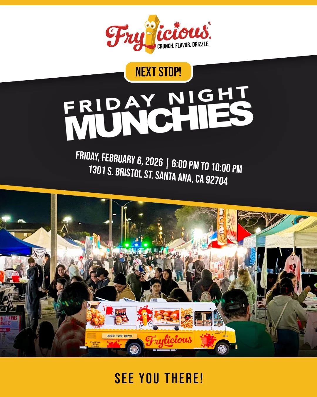 Lights, food, and late-night cravings. Catch the Frylicious truck at @fridaynightmunchies_ this February 6 from 6PM&ndash;10PM in Santa Ana. Fresh, hot, and made to satisfy. See you there for the ultimate munchie fix.

#frylicious #frenchfries #fries