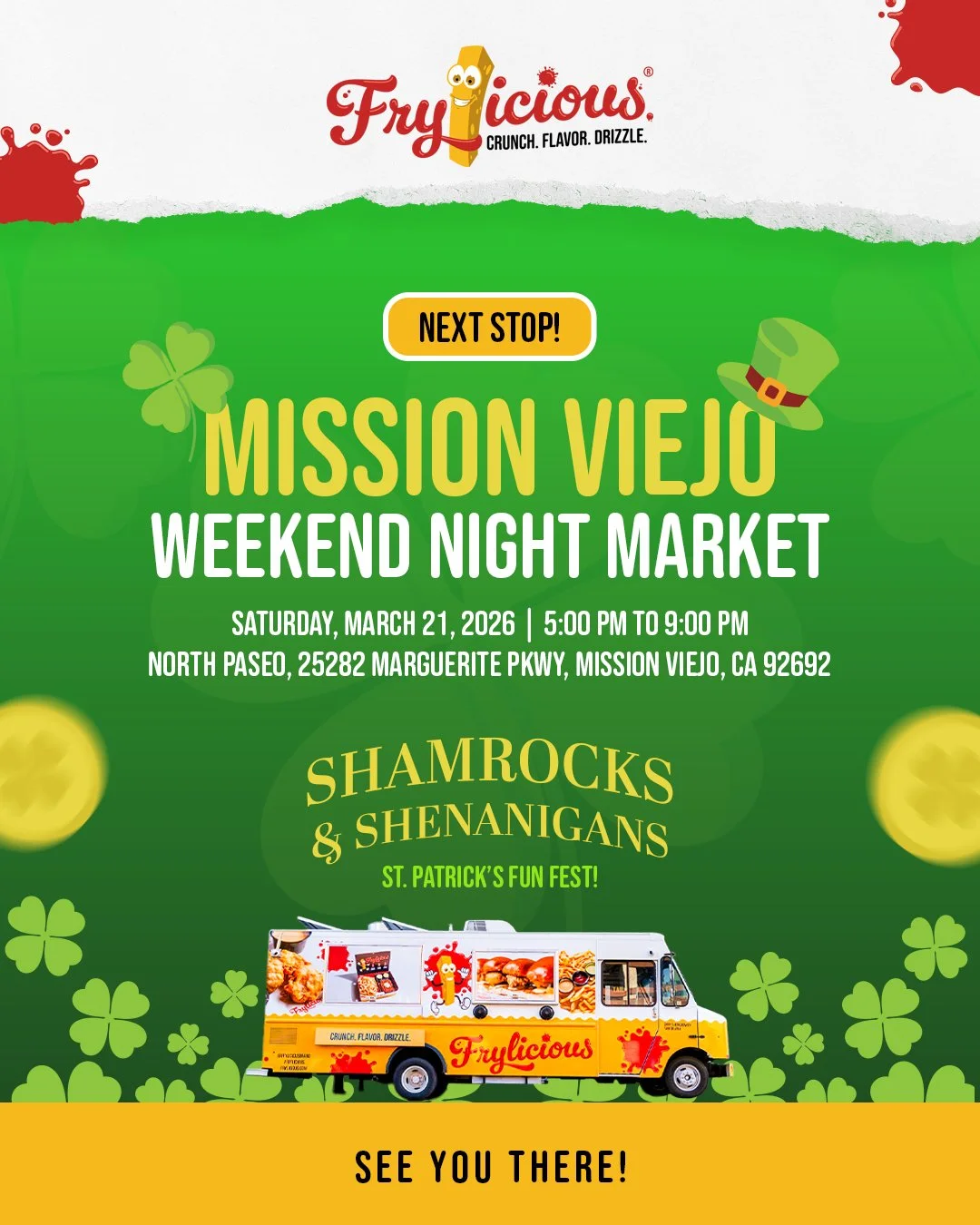 Mission Viejo, we&rsquo;re coming your way. Catch the Frylicious food truck at the Weekend Night Market this March 21 from 5:00 PM to 9:00 PM for Shamrocks &amp; Shenanigans, St. Patrick&rsquo;s Fun Fest.

#frylicious #frenchfries #stpatricksday #mis