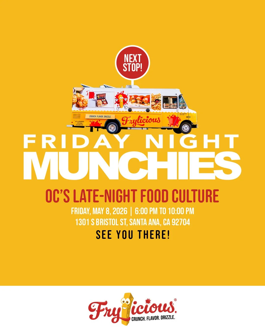 See you on Friday at Friday Night Munchies @fridaynightmunchies_! Frylicious is pulling up with hot, crispy, delicious food from 6:00 PM to 10:00 PM at 1301 S Bristol St, Santa Ana, CA 92704. Come hungry for fries, nuggets, chili cheese hot dogs, and
