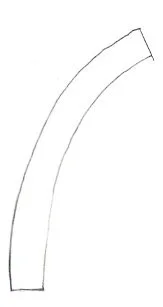 A simple line drawing of a curved, elongated shape with a consistent width, resembling a thin arc or strip.