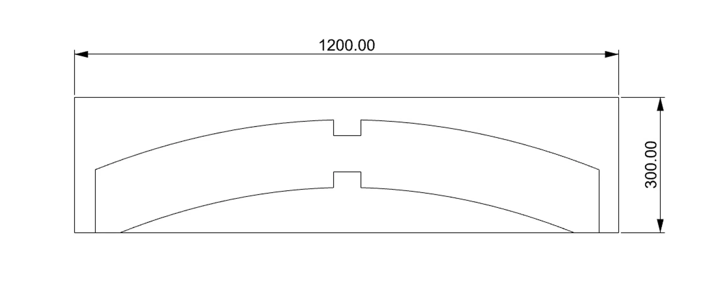 Technical drawing of a rectangular object measuring 1200mm in width and 300mm in height, with curved lines and cutouts within the rectangle.