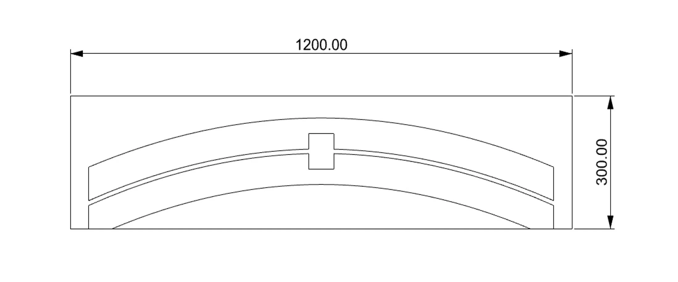 Technical drawing of a rectangular object with a curved design and a central rectangular cutout, dimensions 1200 mm by 300 mm.