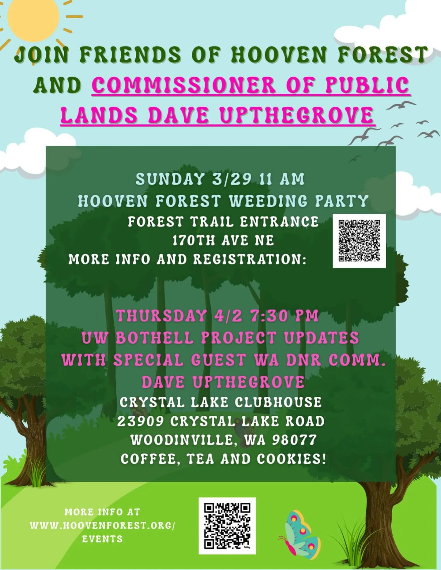 Exciting events coming up with Friends of Hooven Forest! 
- Sunday 3/29 Hooven Forest Weeding Party. Meet at 11am at the 170th trailhead. 
- Thursday 4/2 UW Bothel Project Updates with special guest Commission of Public Lands Dave Upthegrove! 730pm a