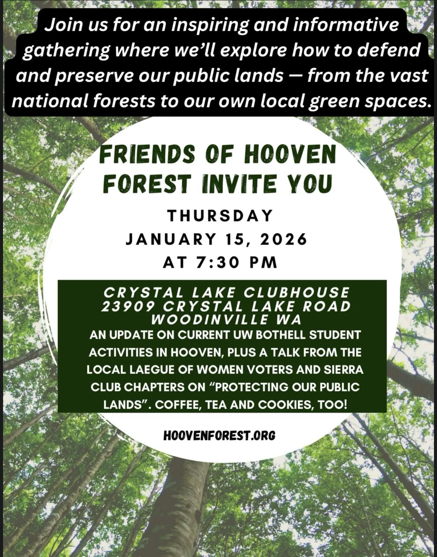 Join us January 15th at Crystal Lake Lodge for an inspiring and informative gathering where we&rsquo;ll explore how to defend and preserve our public lands - from the vast national forests to our own local green spaces. #hoovenforest #conservation #w