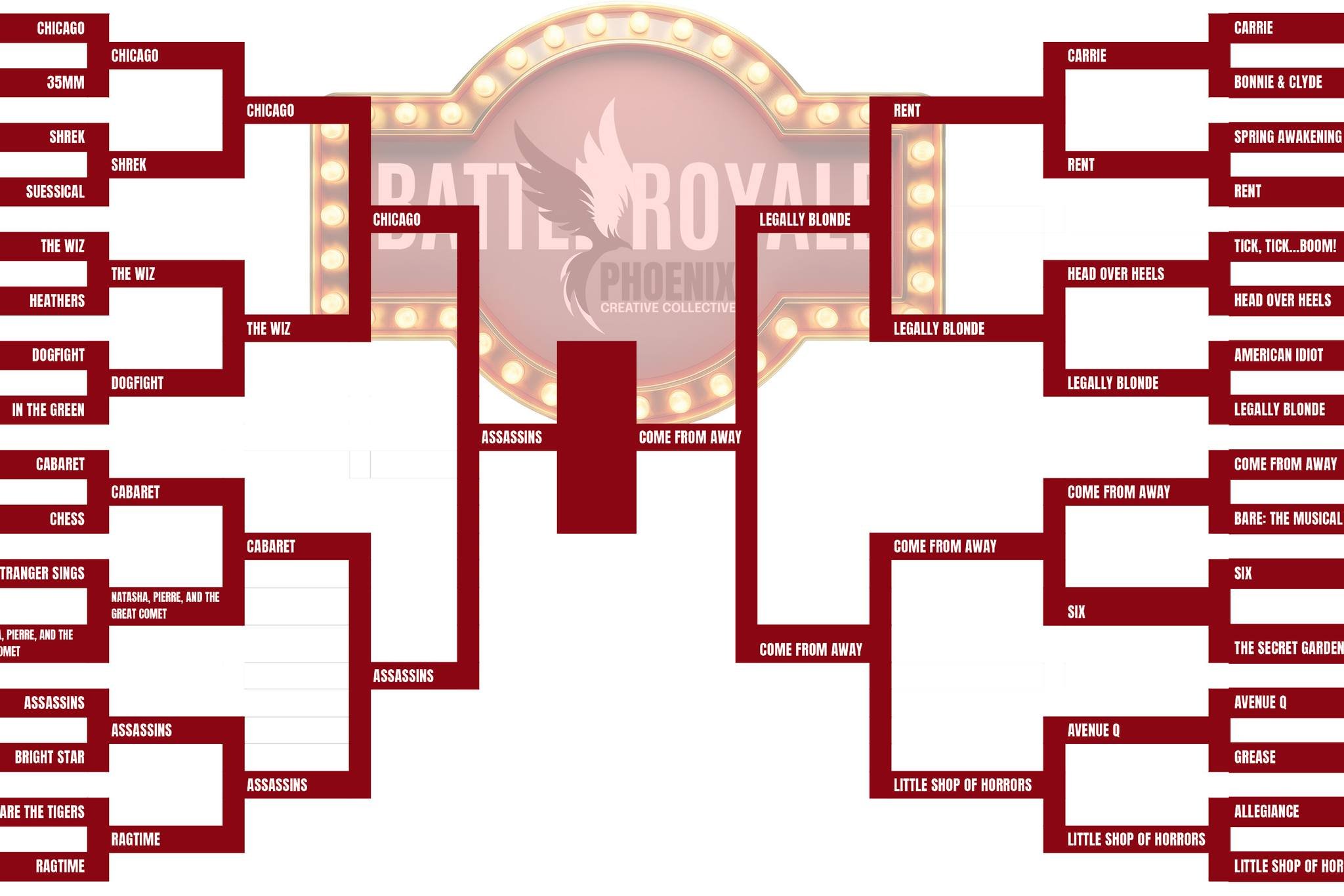 Ummm. This is awkward. After a bracket of upsets, heartbreaks and showdowns, it's come down to two wildly different visions of the American experience. 

Assassins vs. Come From Away.

One show says &quot;Everything's Broken.&quot; The other says &qu