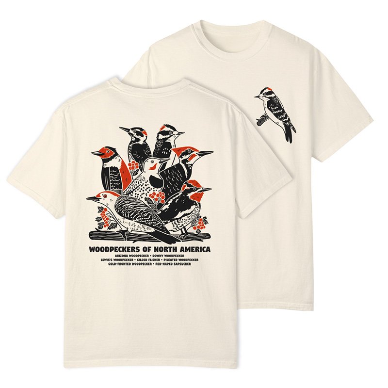 Woodpeckers of North America shirt, front and back print featuring a small downy woodpecker on front upper left pocket area