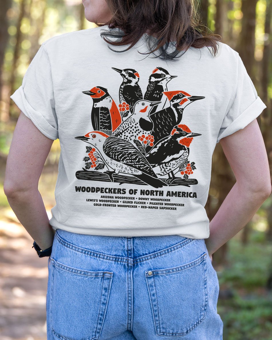 woodpeckers of North America shirt, seven woodpeckers print on back
