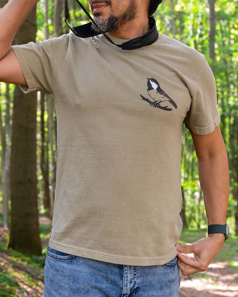 man wearing chickadees of North America shirt, front and back