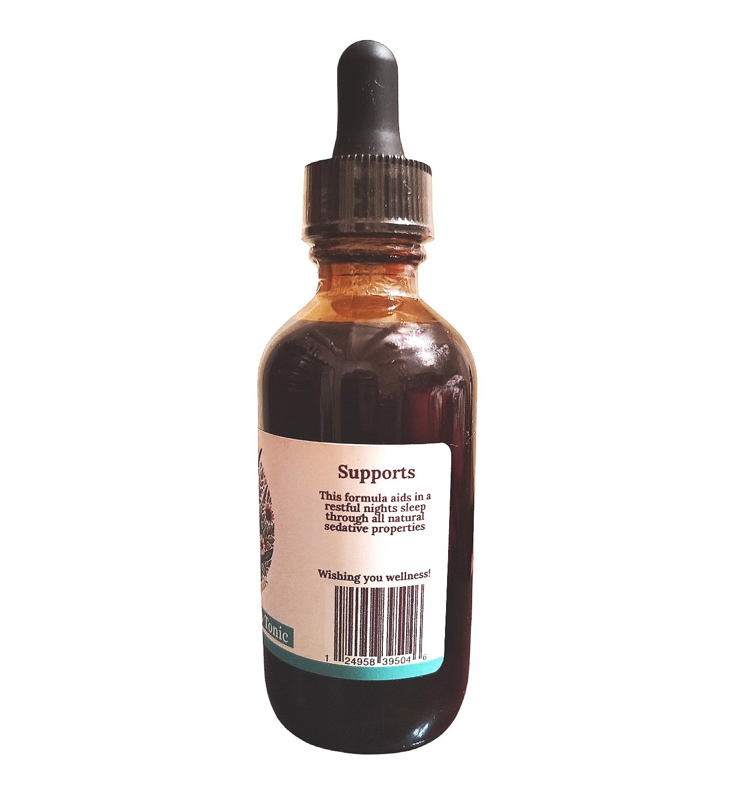 Natural sleep aid tincture made with organic ingredients like skullcap, lavender, and passionflower.