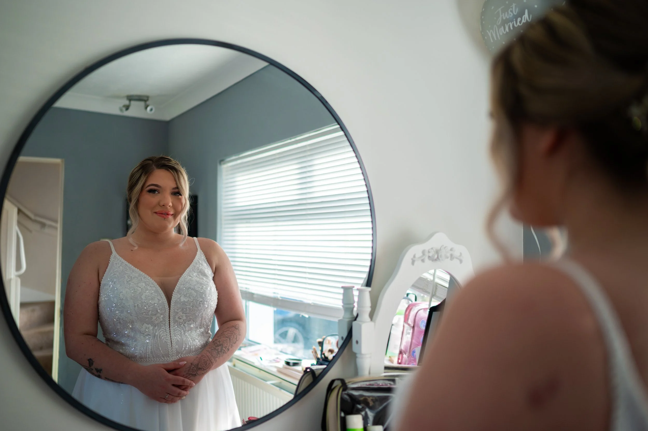 wedding bride preparations bride make up in the mirror