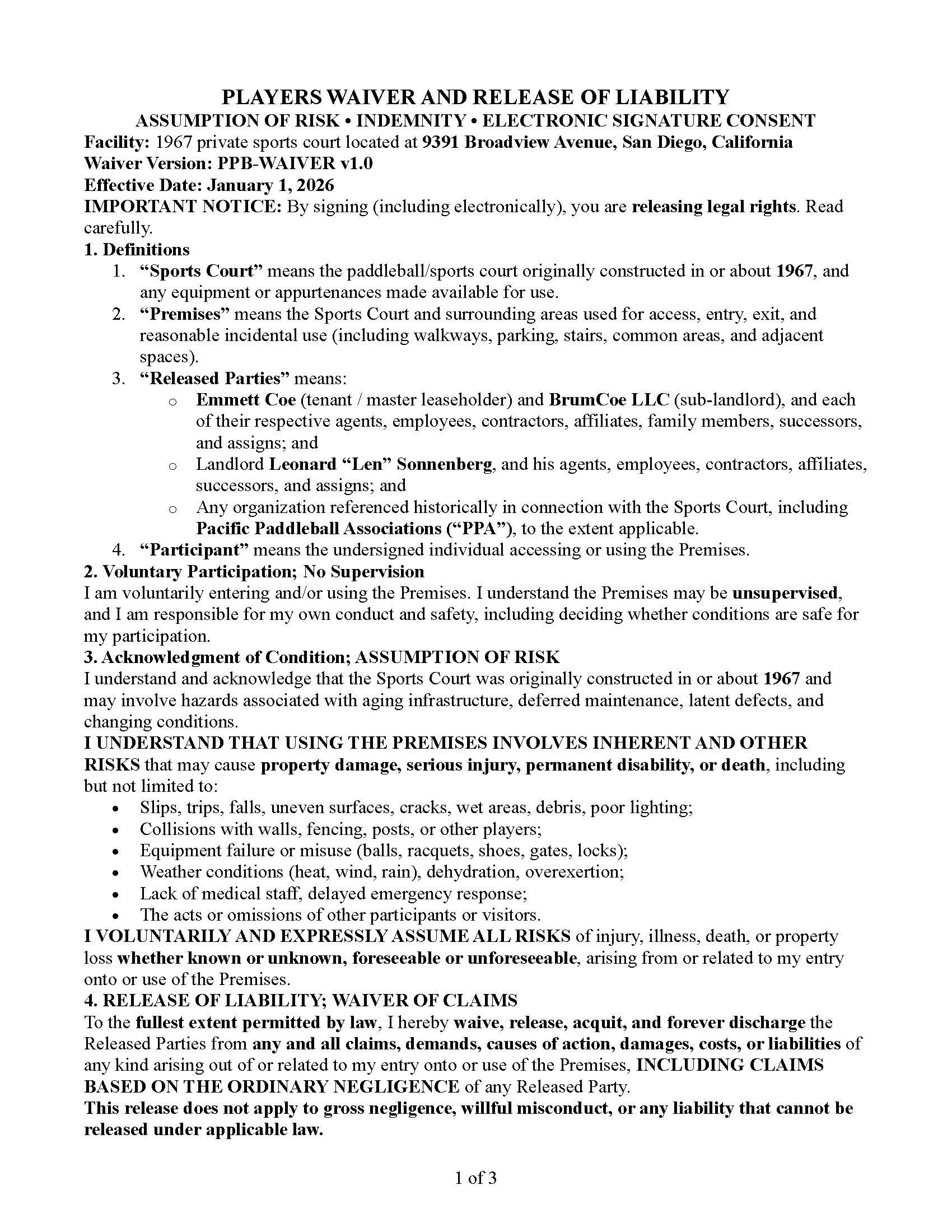 Page from a legal document titled 'Players Waiver and Release of Liability' outlining terms for participation in a private sports court, including definitions, voluntary participation, acknowledgment of condition, waiver of claims, and legal notices.