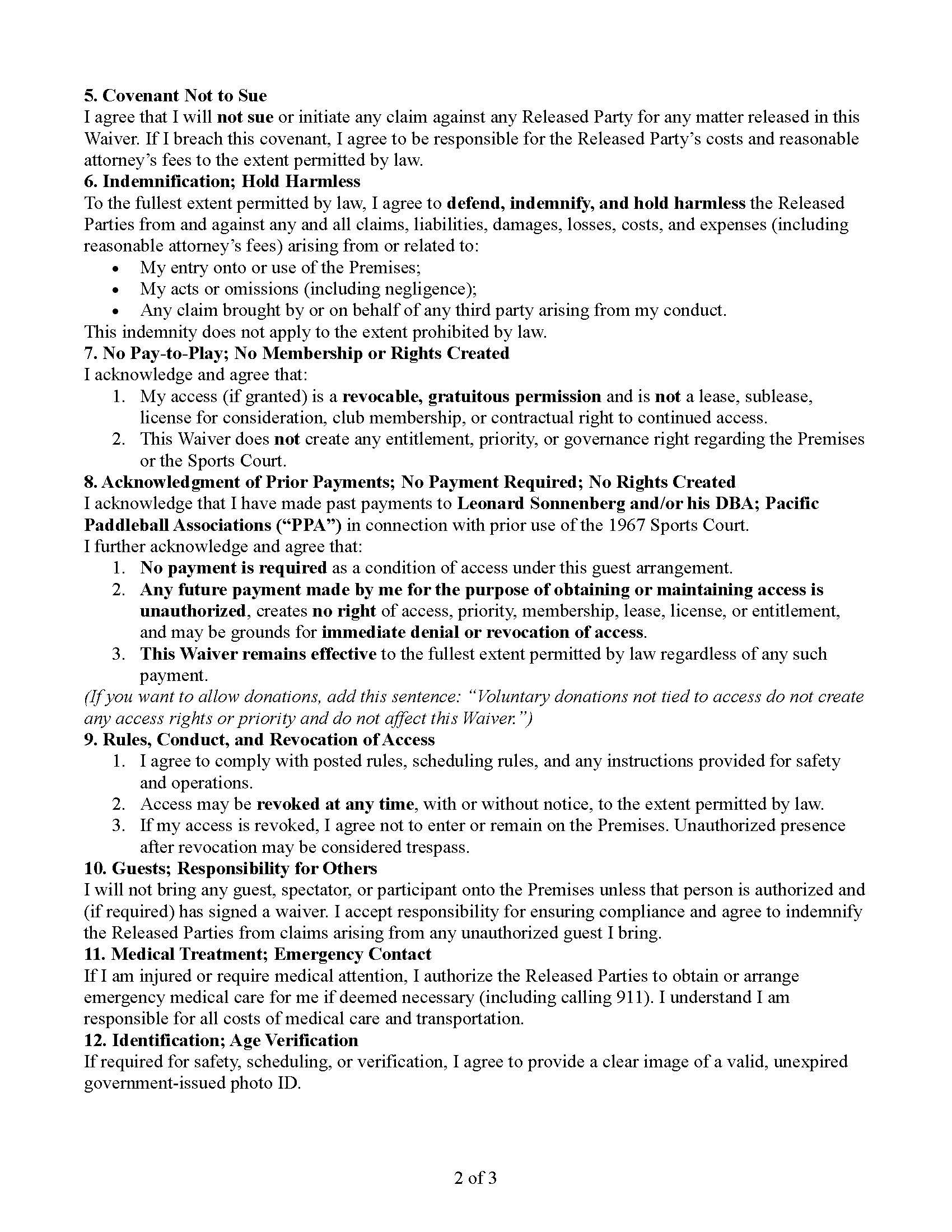 Legal waiver document with sections on covenant not to sue, indemnification, no pay-to-play rights, prior payments acknowledgment, rules for access, guest responsibilities, medical treatment, and identification requirements.