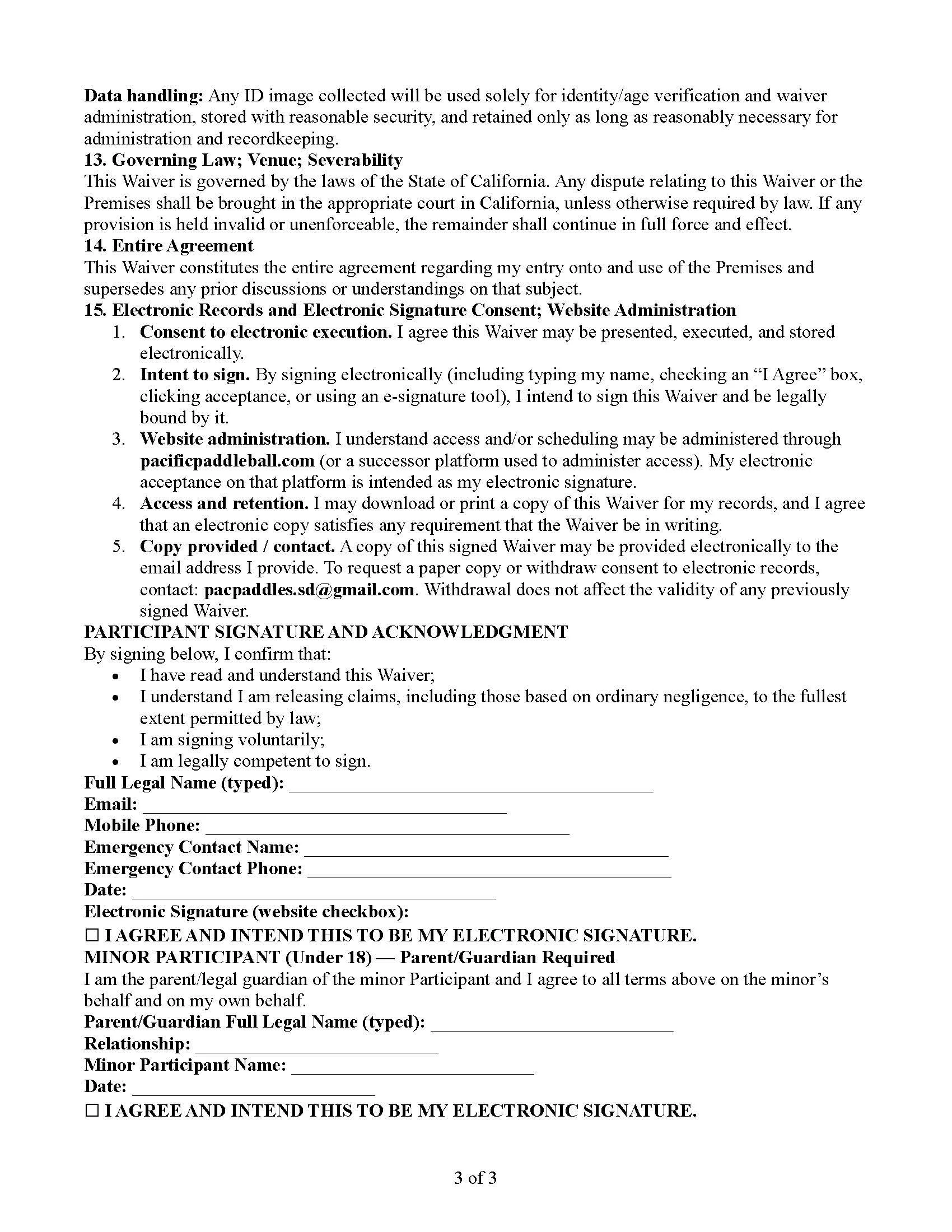Image of a legal waiver form outlining data handling, governing law, entire agreement, electronic records and signature consent, website administration, access and retention, copy provision, participant acknowledgment, including spaces for signature, email, phone, emergency contacts, and legal guardian information for minors.