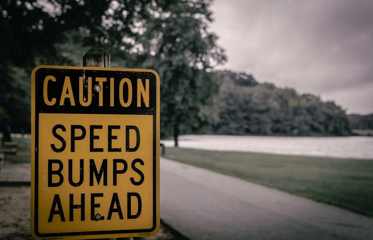 Street sign saying "Caution Speed Bumps Ahead"