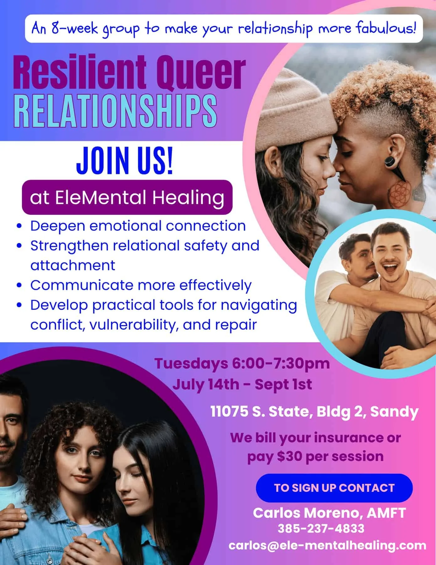 A flyer for a queer relationships group, with diverse couples, details, dates, and contact info on a purple and blue background.