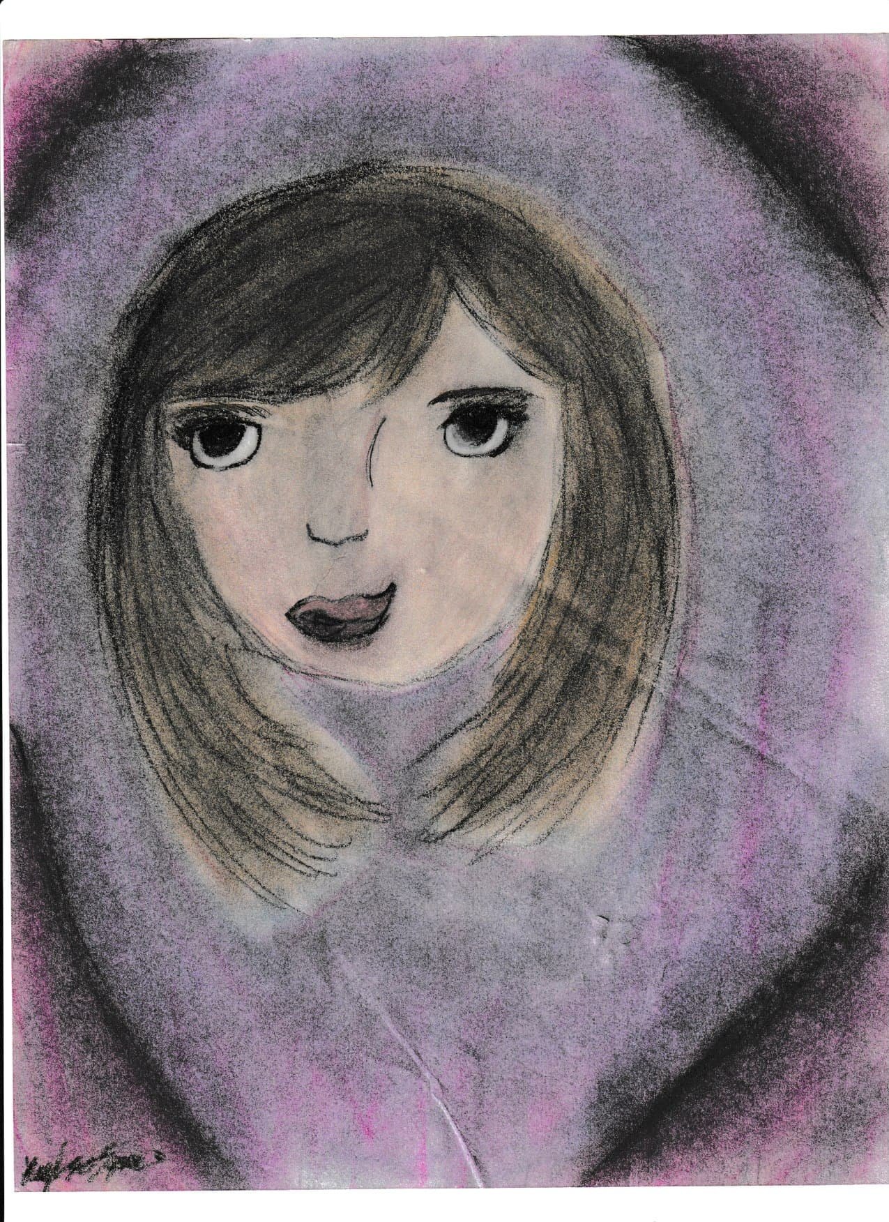 A colored portrait of a young woman with brown hair, large expressive eyes, and dark lipstick, surrounded by a purple and black background.