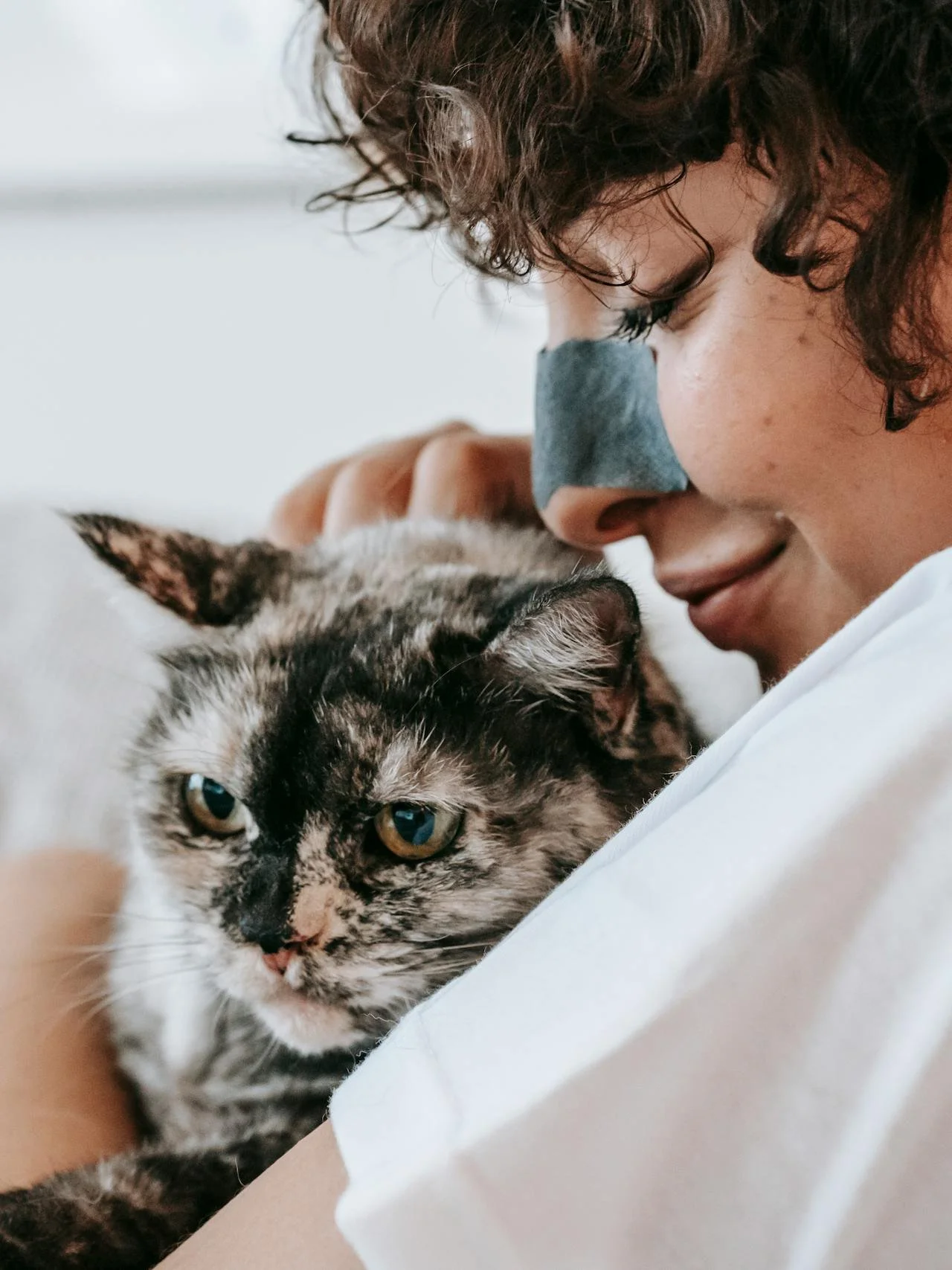 Person in white shirt gently holding a tortoiseshell cat with green eyes.