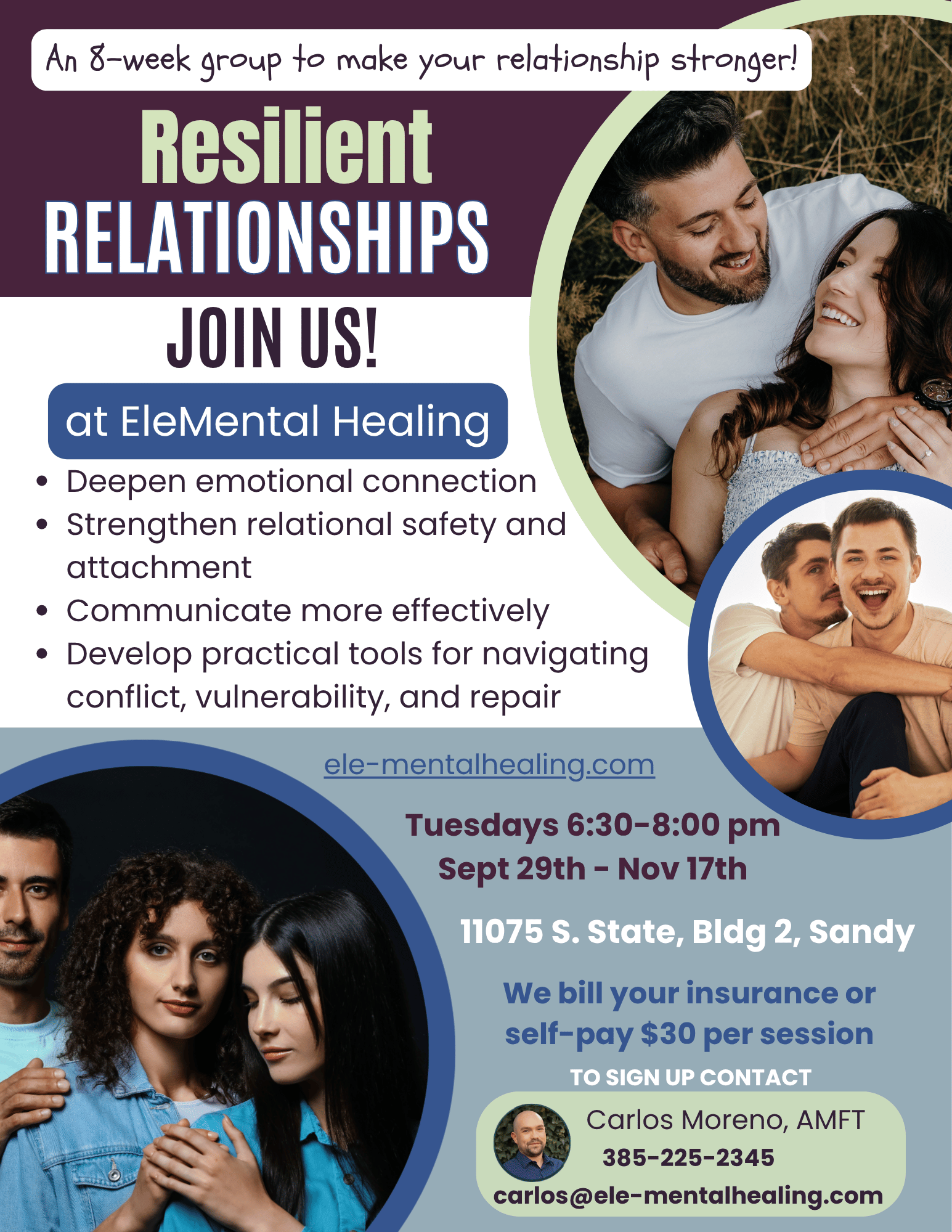A flyer for a relationships group, with diverse couples, details, dates, and contact info on a purple and blue background.