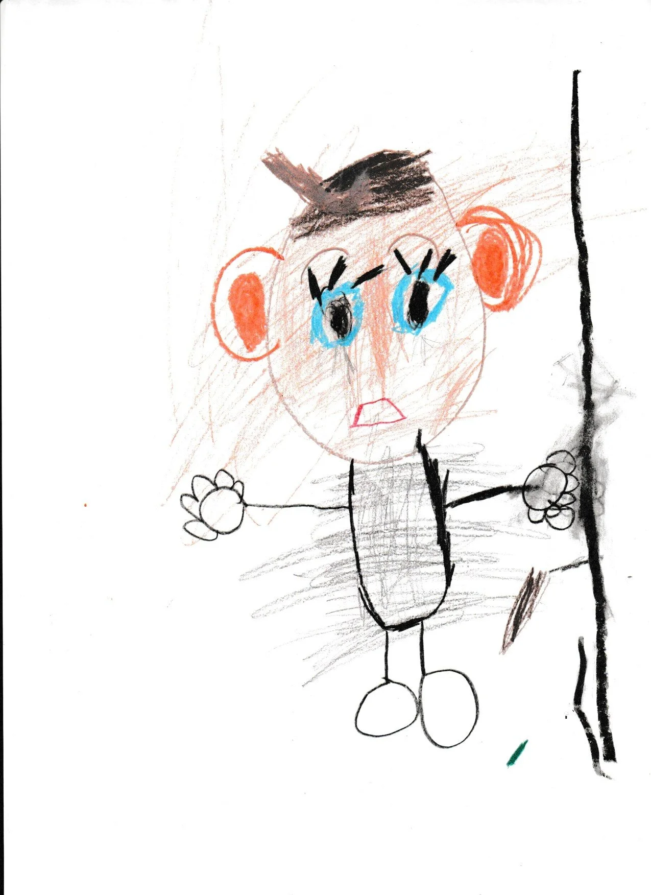 Colorful crayon drawing of a person with large blue eyes, brown hair, orange ears, and a sad or surprised expression, holding a black object in one hand.
