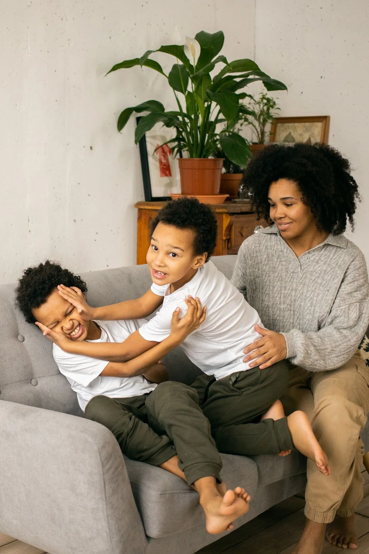 A woman and two young boys are playing and laughing on a gray couch in a living room. The boys are pretending to fight while the woman watches with a smile. There are houseplants and framed pictures on a wooden cabinet in the background.