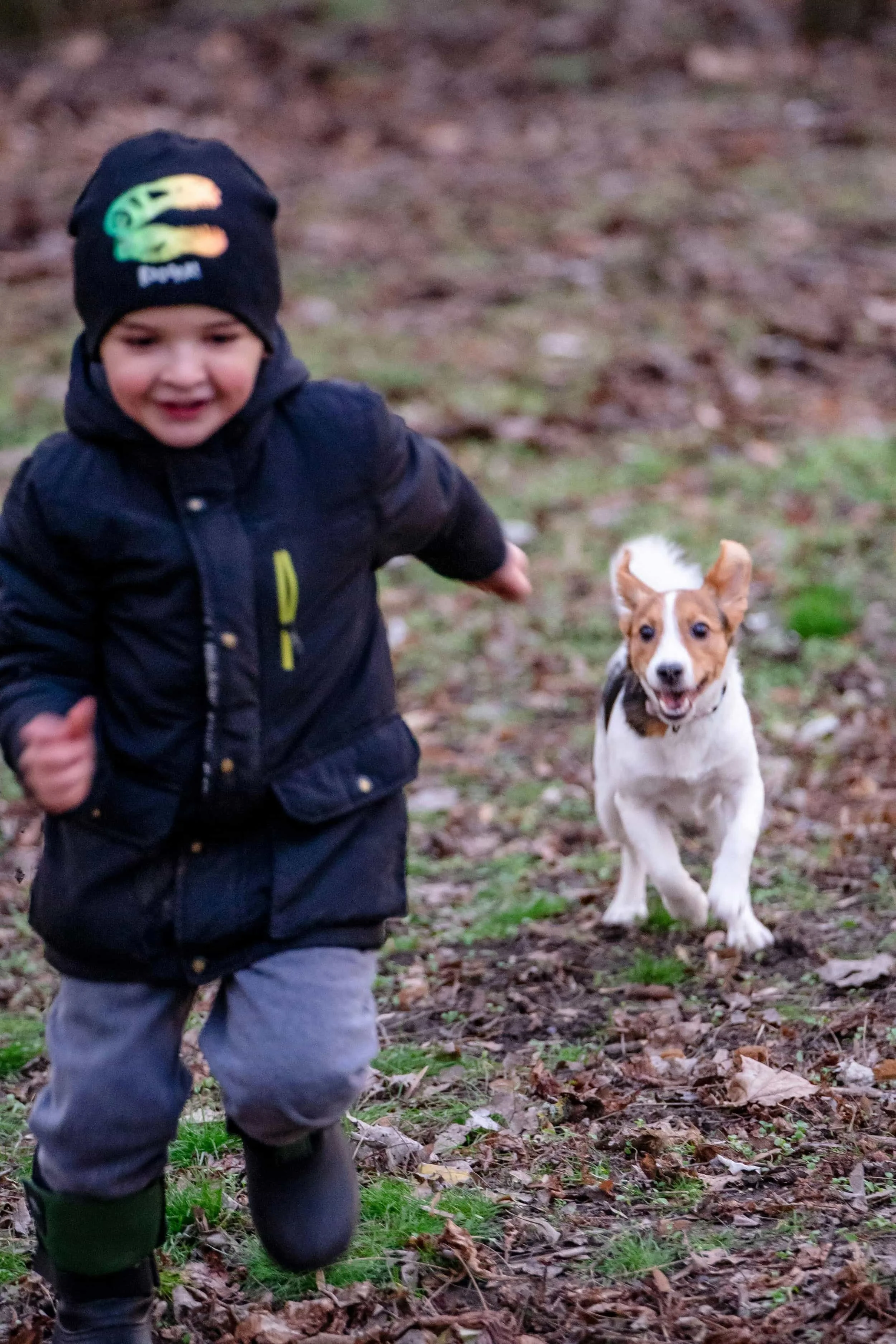 A young child wearing a black hoodie, gray pants, and green waterproof boots running outdoors on a leaf-covered ground with a small dog chasing behind. The child is smiling and wearing a black beanie with colorful logo.