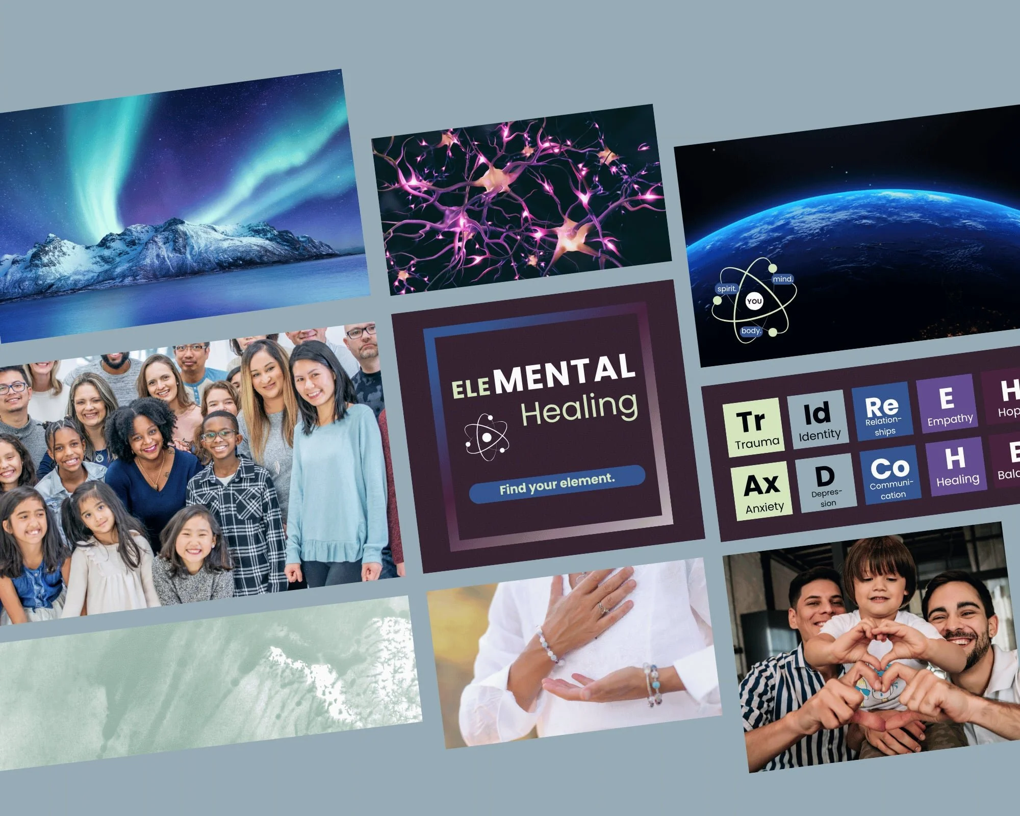 A collage of images including northern lights over mountains, neurons with glowing connections, a planet Earth from space, a diverse group of smiling young adults, and an element chart related to mental healing.