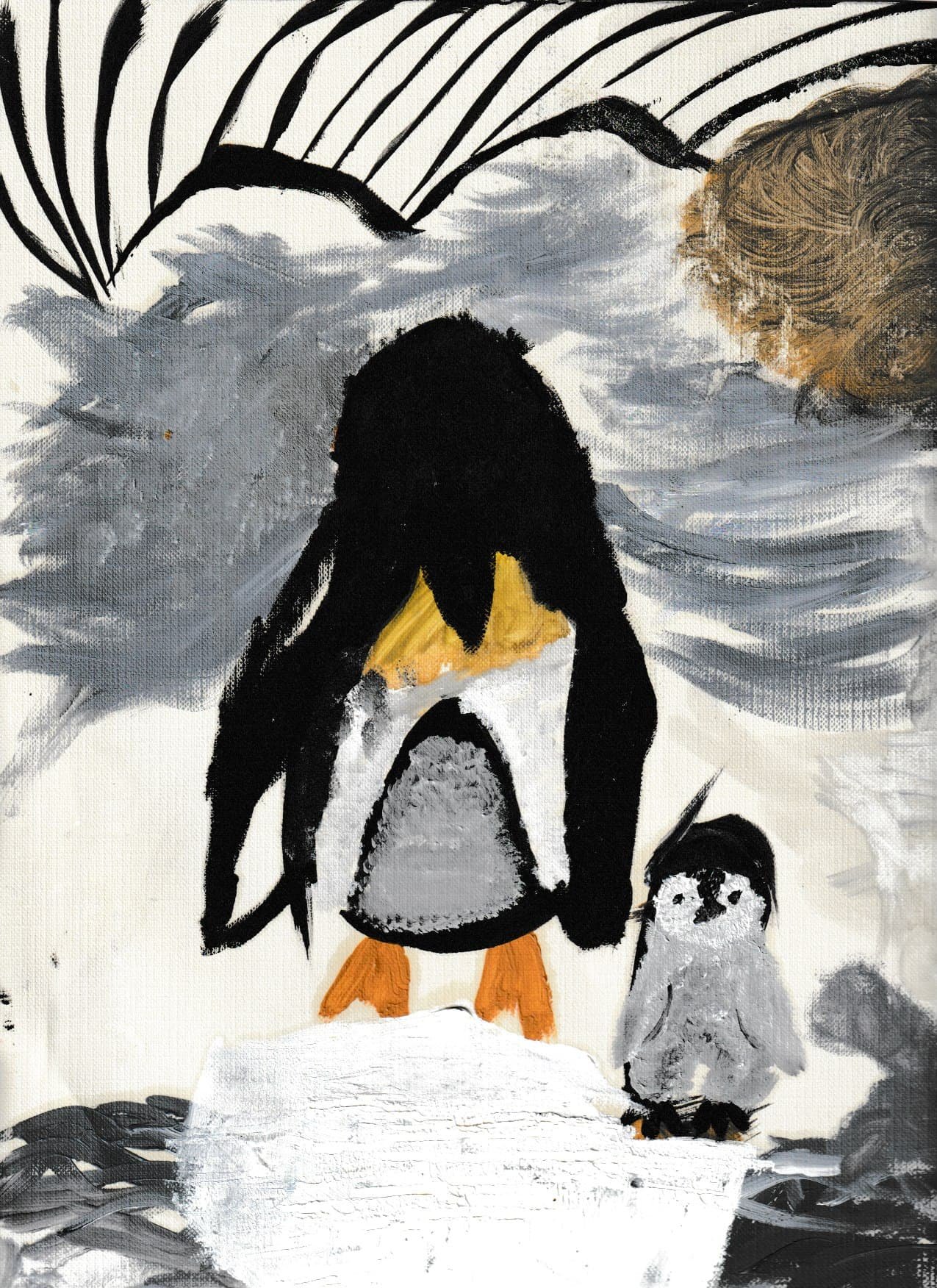 Painting of a penguin standing on ice with a blue sky and clouds in the background, and a smaller penguin chick beside it.