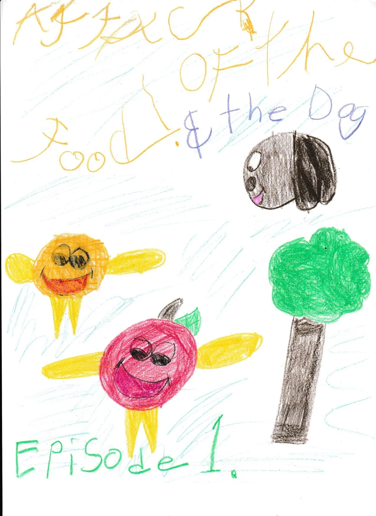 Child's drawing with colorful characters, including a yellow character with a big smile and sunglasses, a red character with a smile, black eyes, and small orange arms, and a brown tree with a green canopy. There are faint blue lines indicating sky or background, and handwritten text in orange, purple, and green. The top text says 'Achievement of the', with an apostrophe, and the bottom text says 'Episode 1!'.