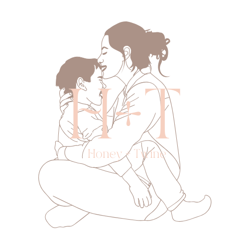 An artistic illustration of a woman and a child embracing, with the text 'H4T' and 'Honey + Twine' overlaid.