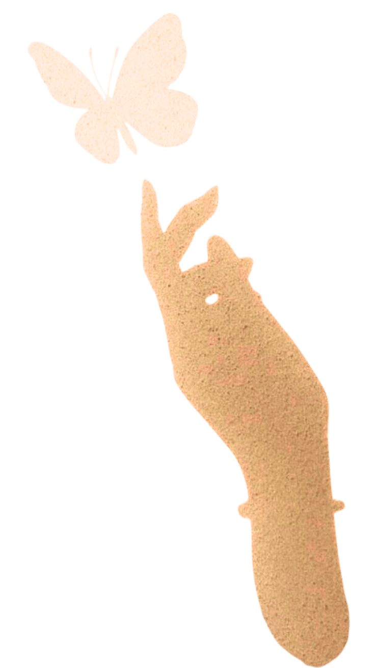 A silhouette of a hand reaching out towards a butterfly with a black background