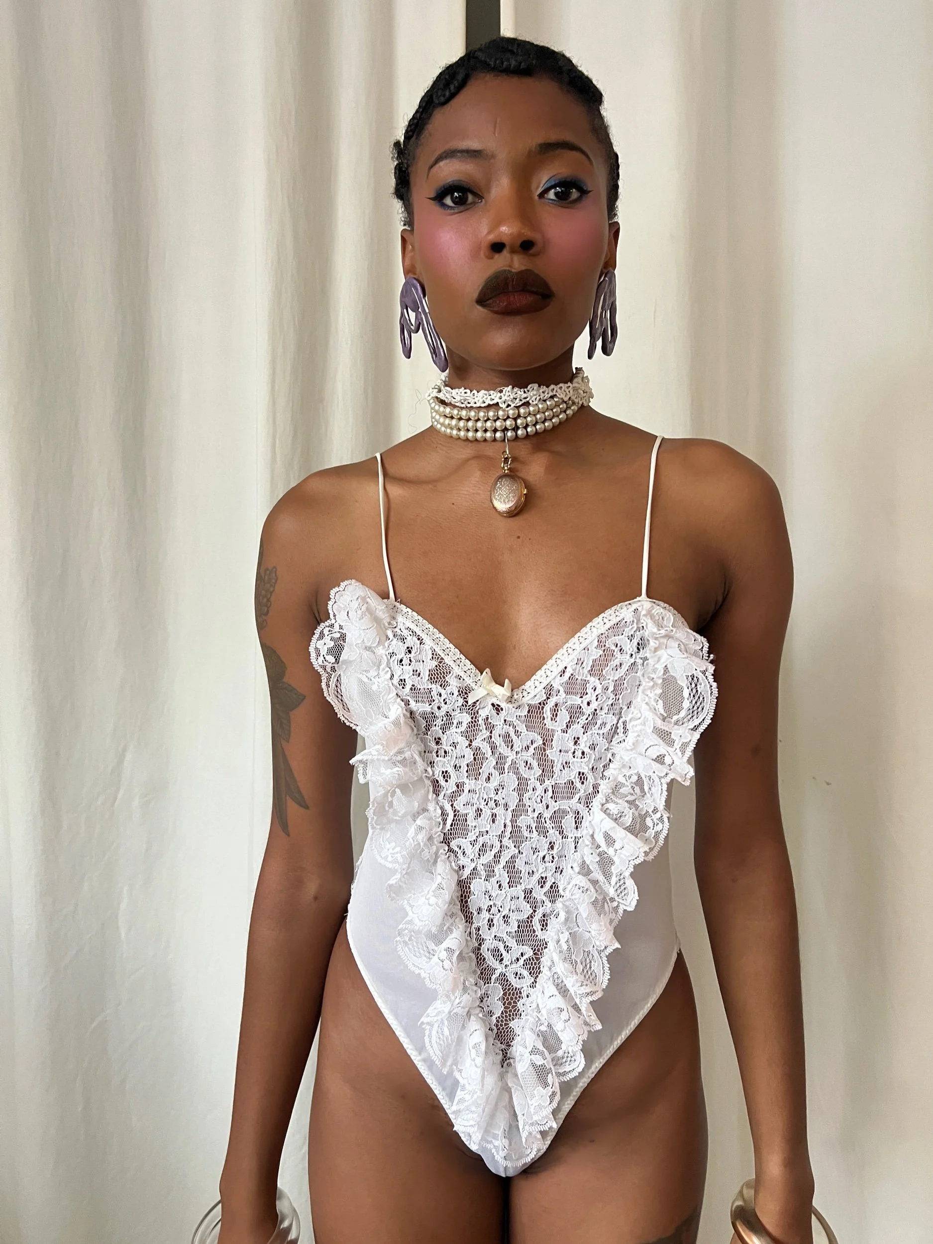 1970s White Lace Deep V Teddy