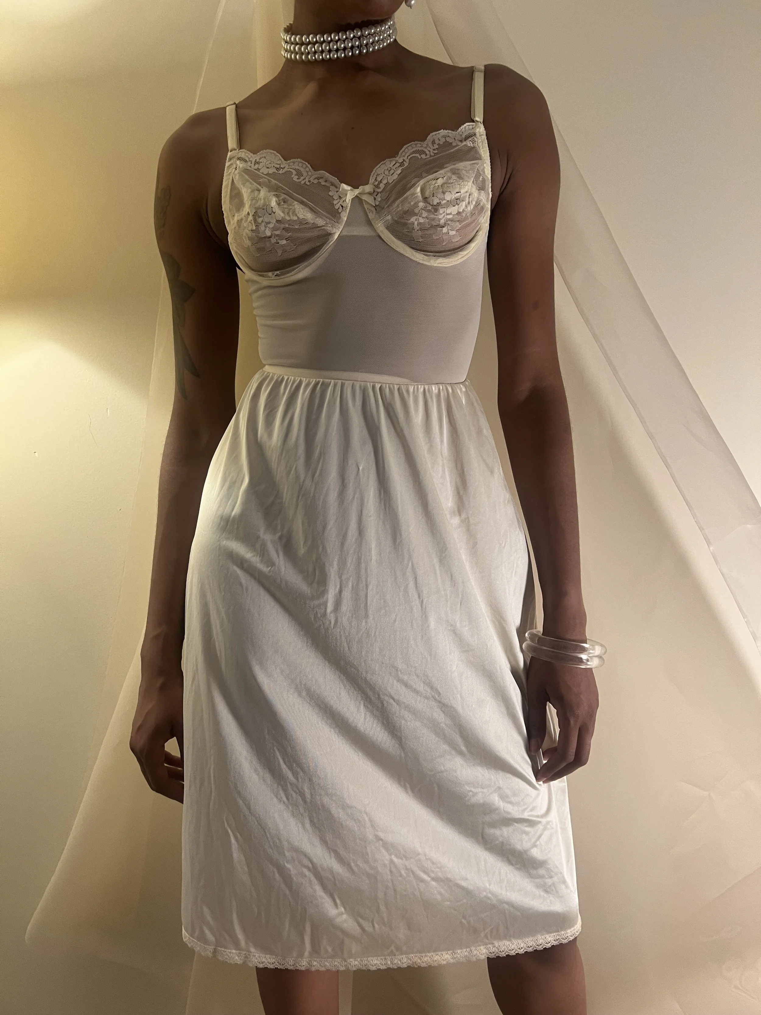 1960s Cream Built in Bra Slip Dress