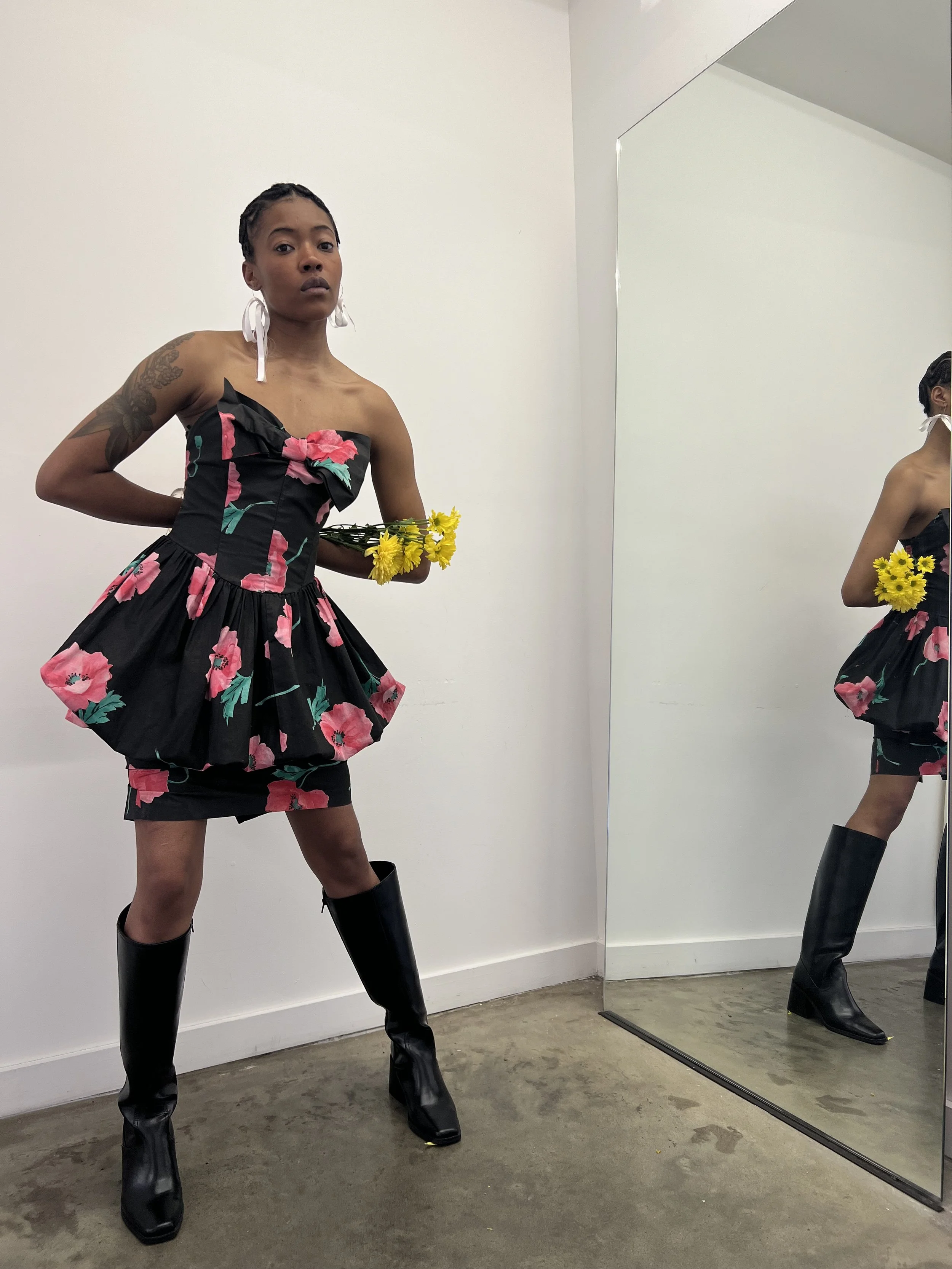 1980s Black Floral Peplum Dress