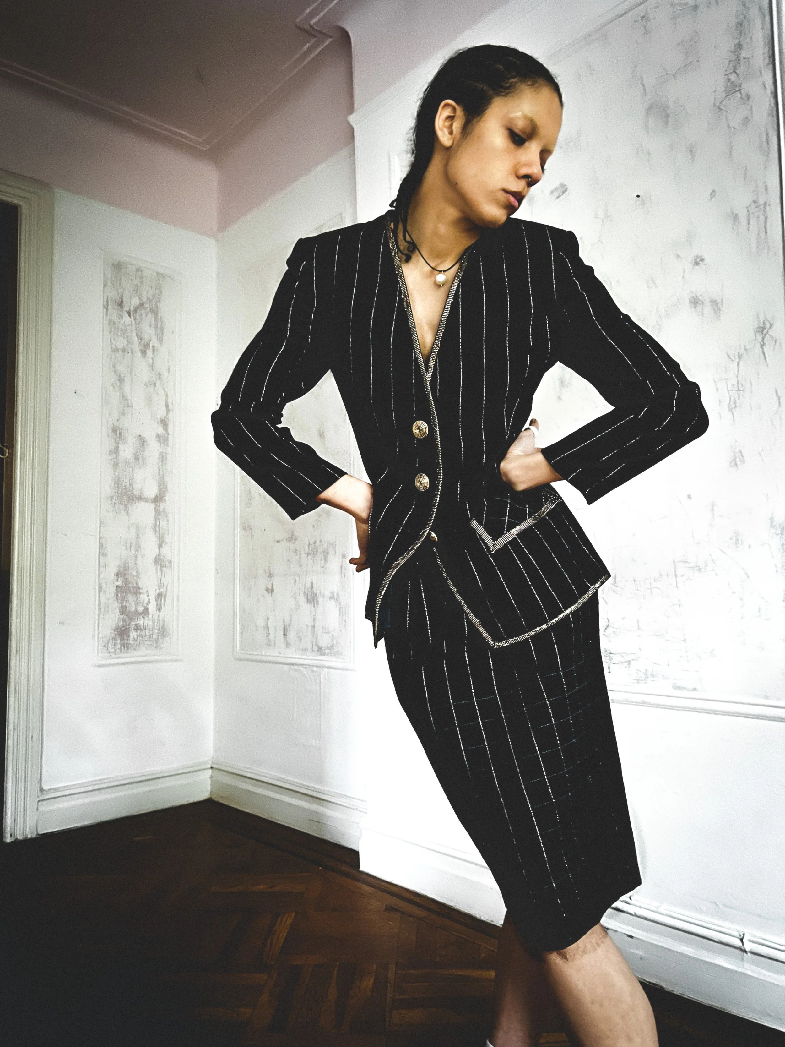 1980s Black and Silver Lurex Pinstripe Wool Suit