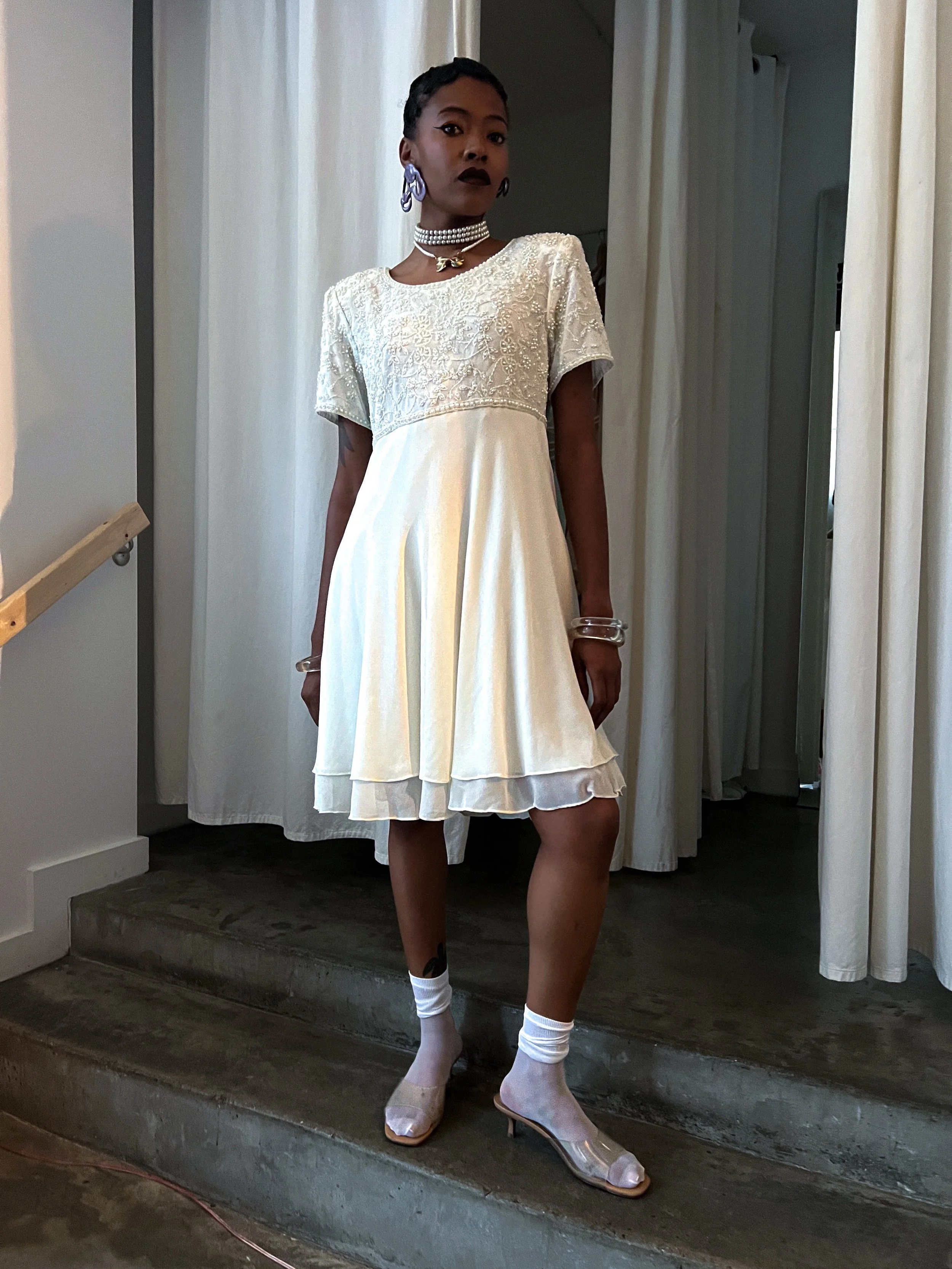 1980s White Beaded Babydoll Dress