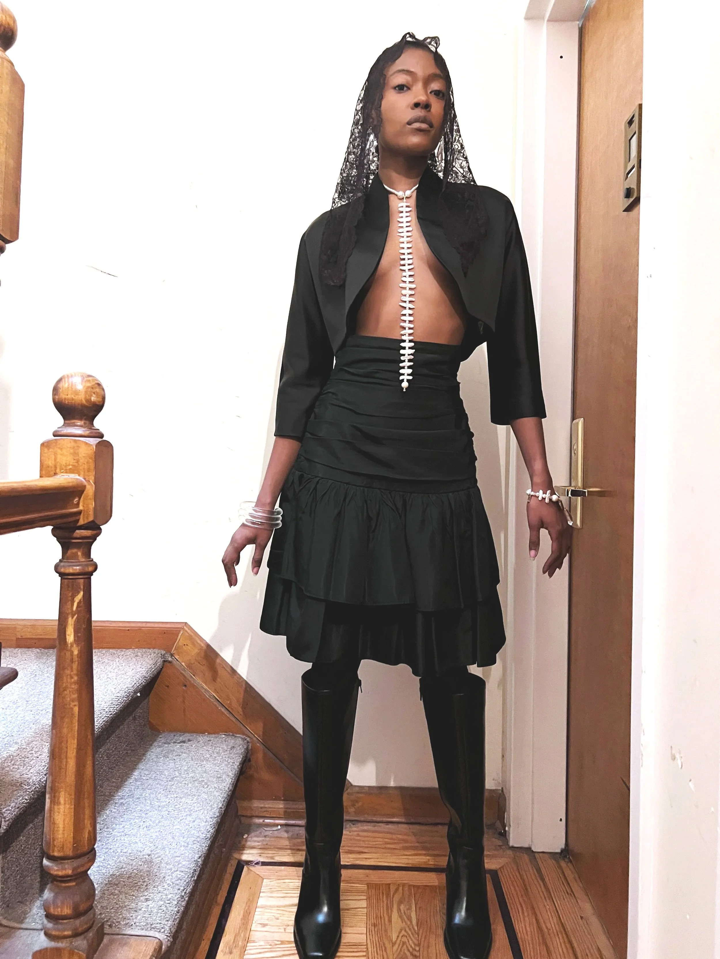 1980s High Waisted Black Taffeta Skirt