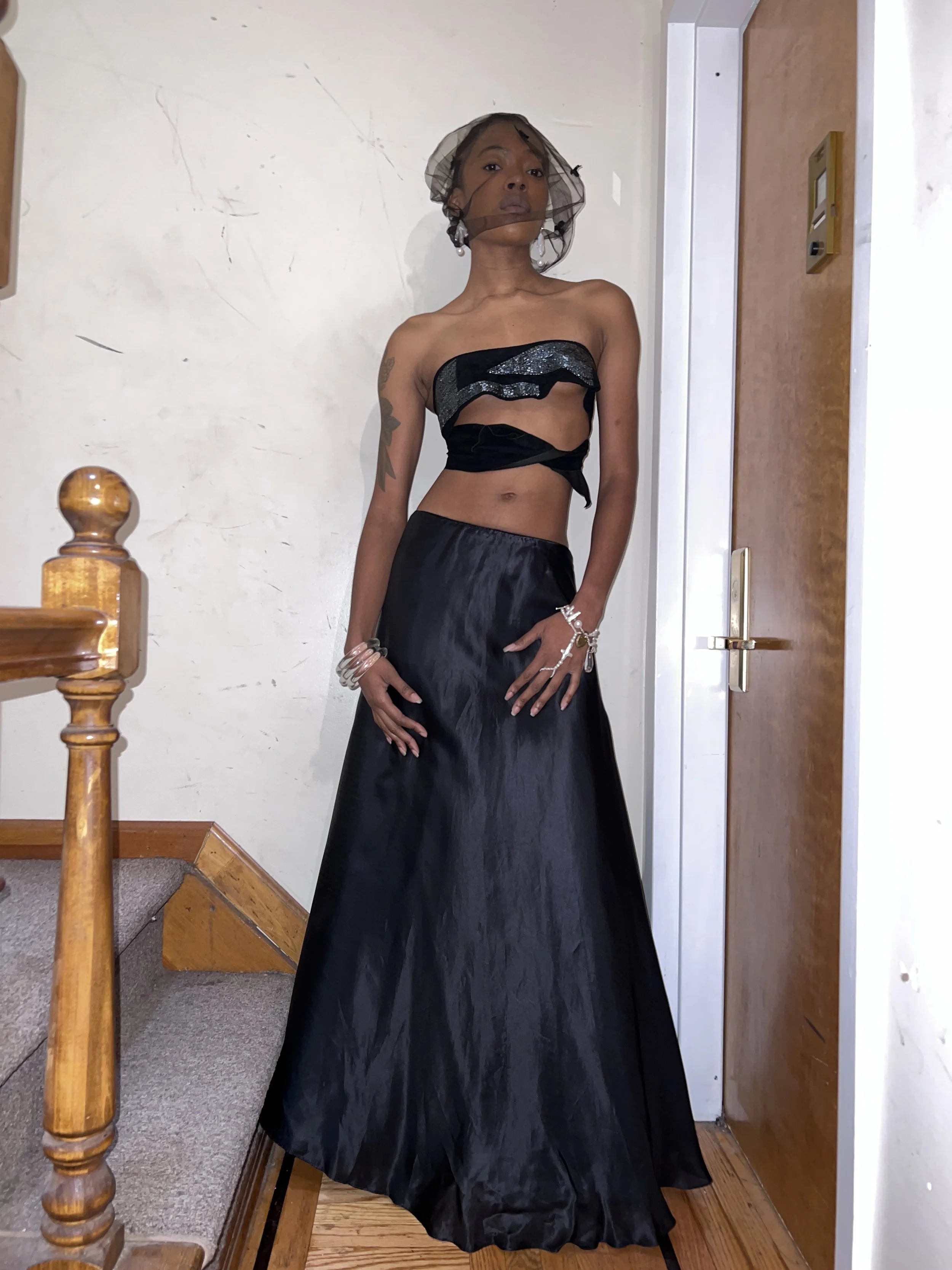 1990s Black Silk Maxi Skirt