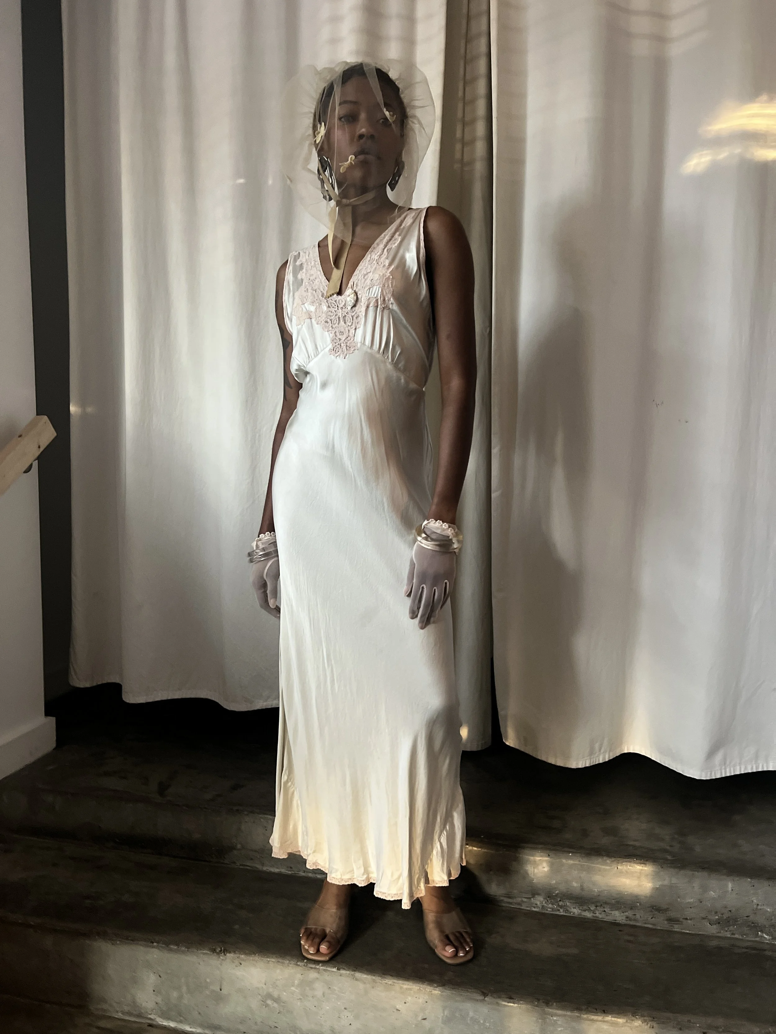 1930s Pale Green Silk Maxi Slip Dress