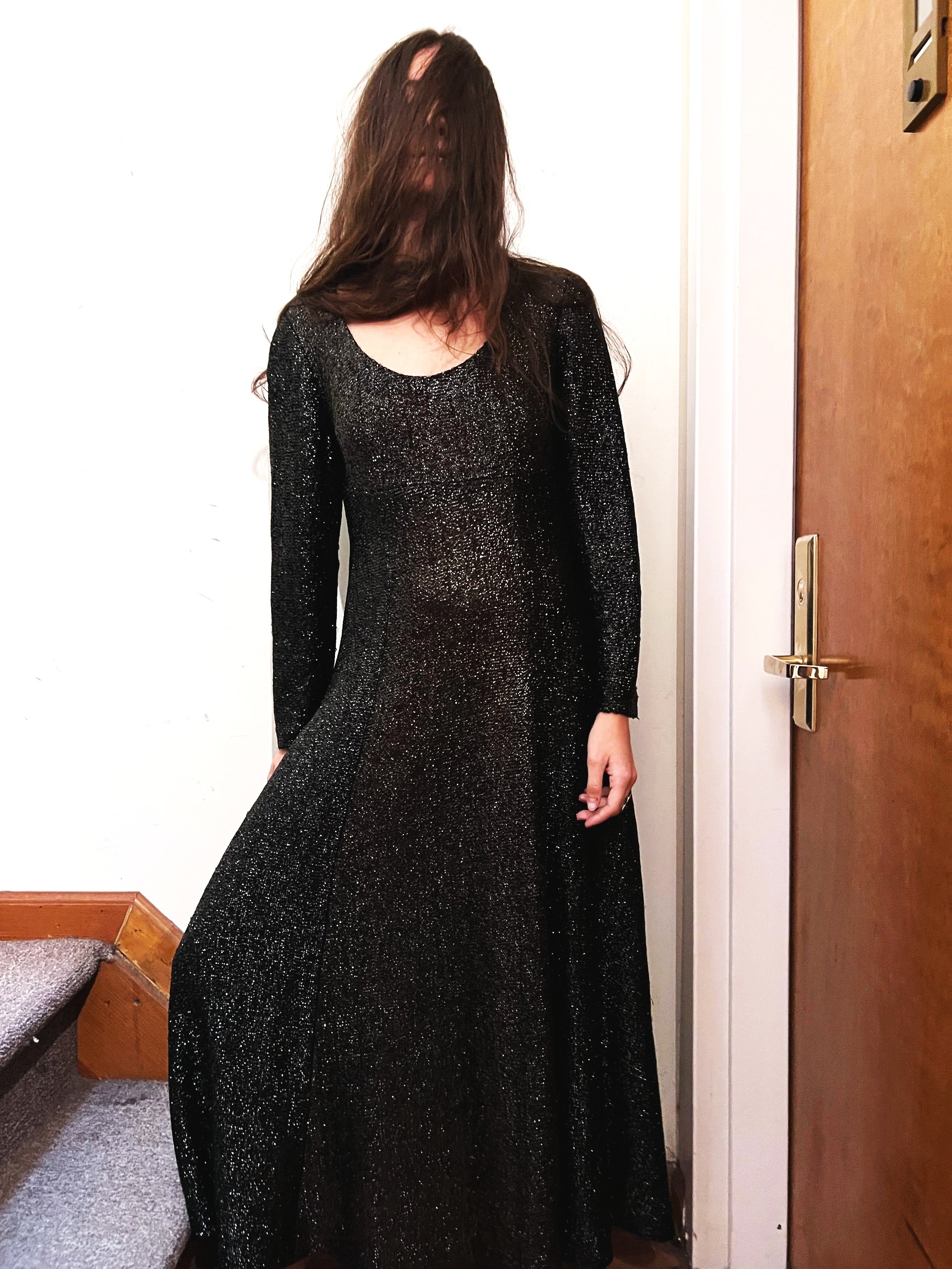 1960s Shiny Black Maxi Dress