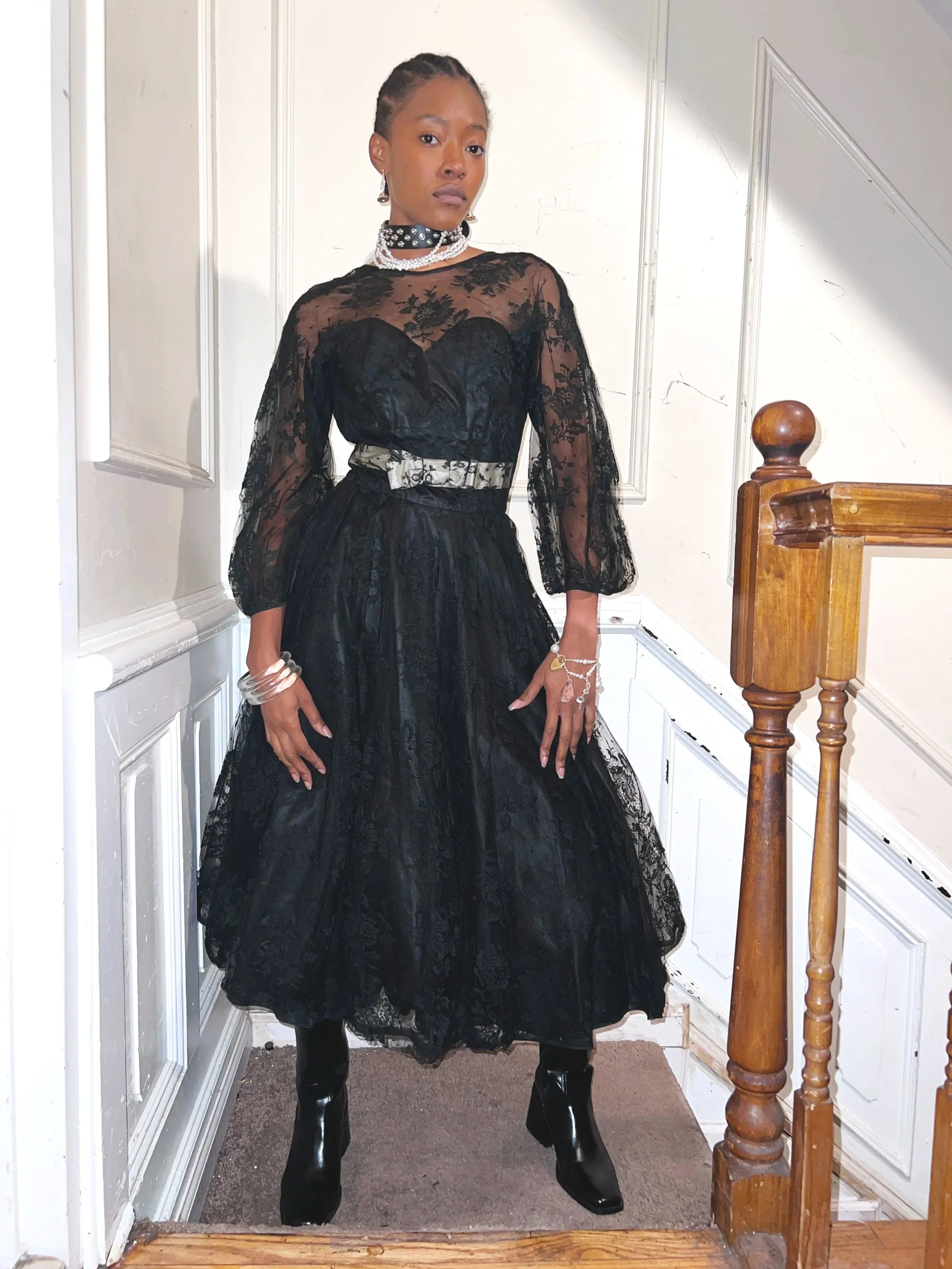 1950s Black Lace Overlay Dress