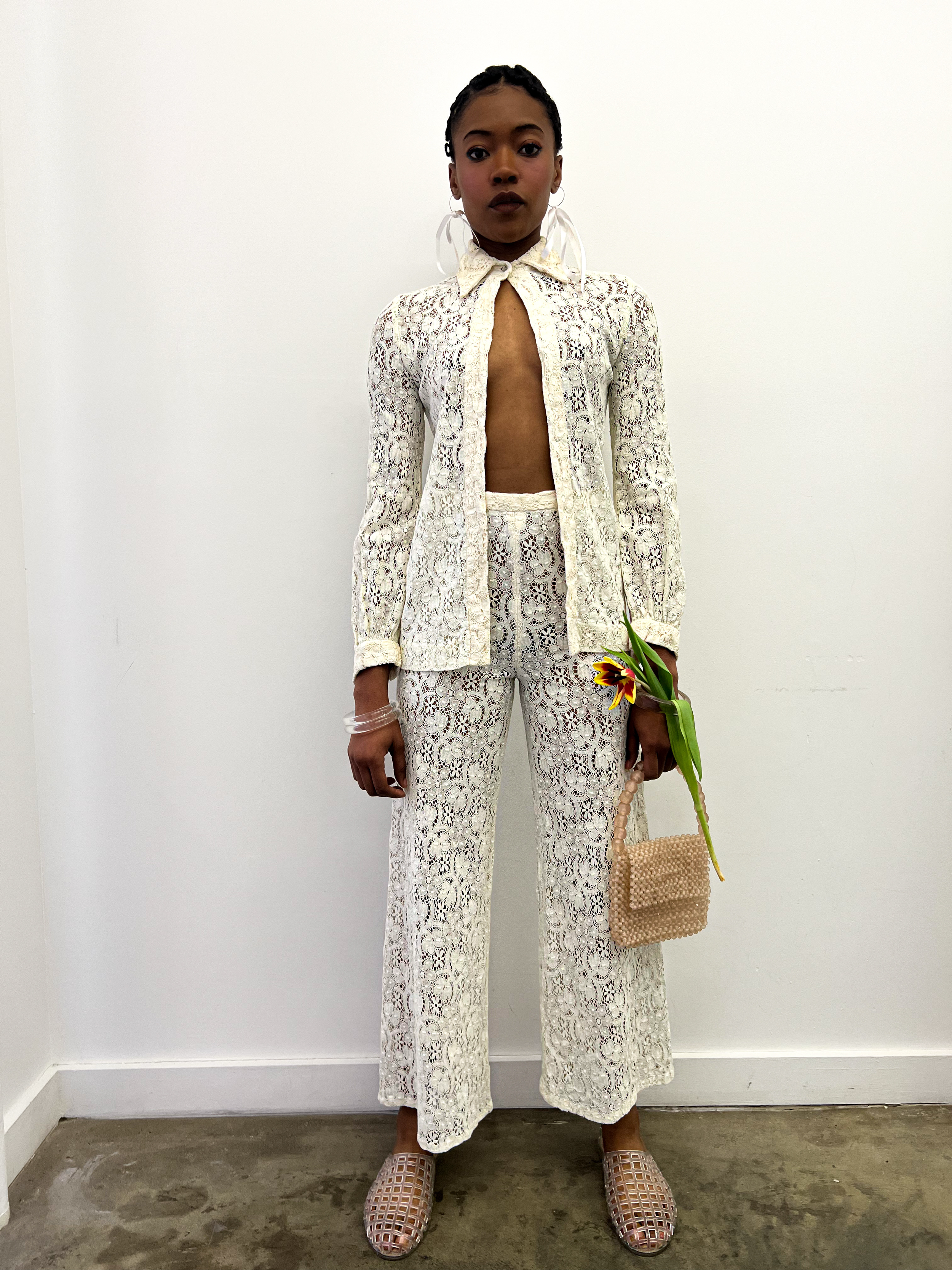 1970s White Lace Pants Set