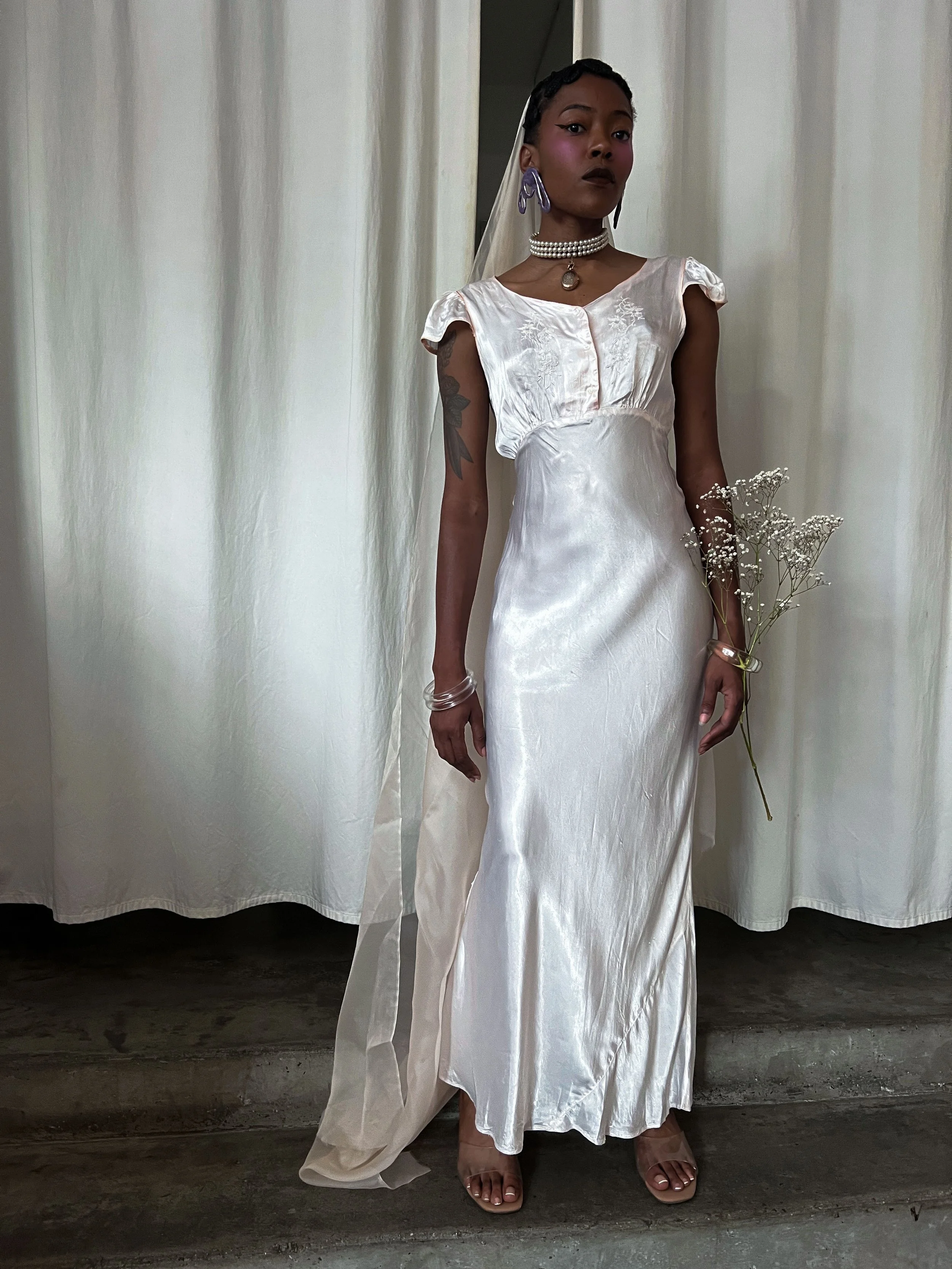 1930s Off White Embroidered Slip Dress