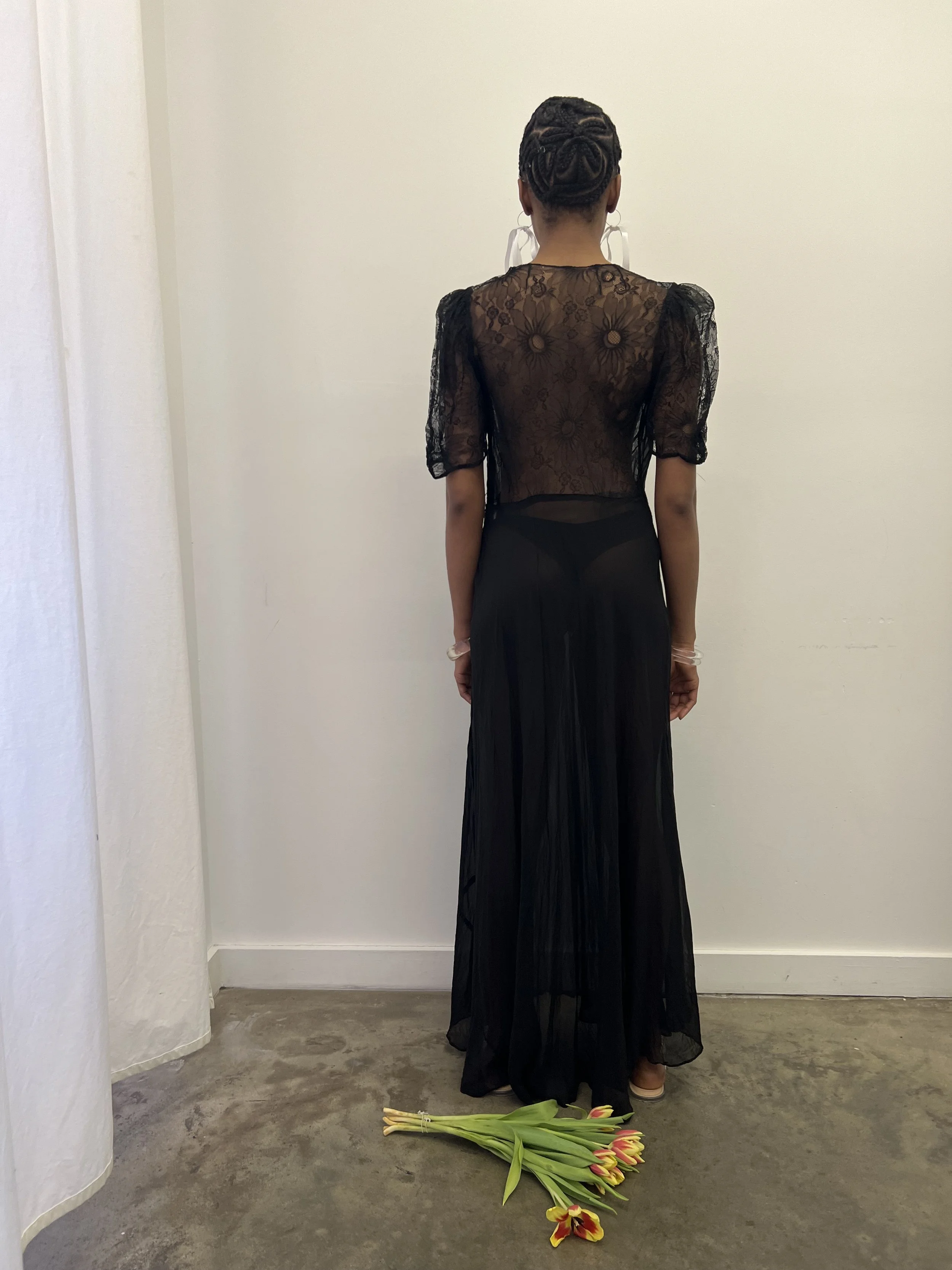 1920s Sheer Black Silk Chiffon Dress