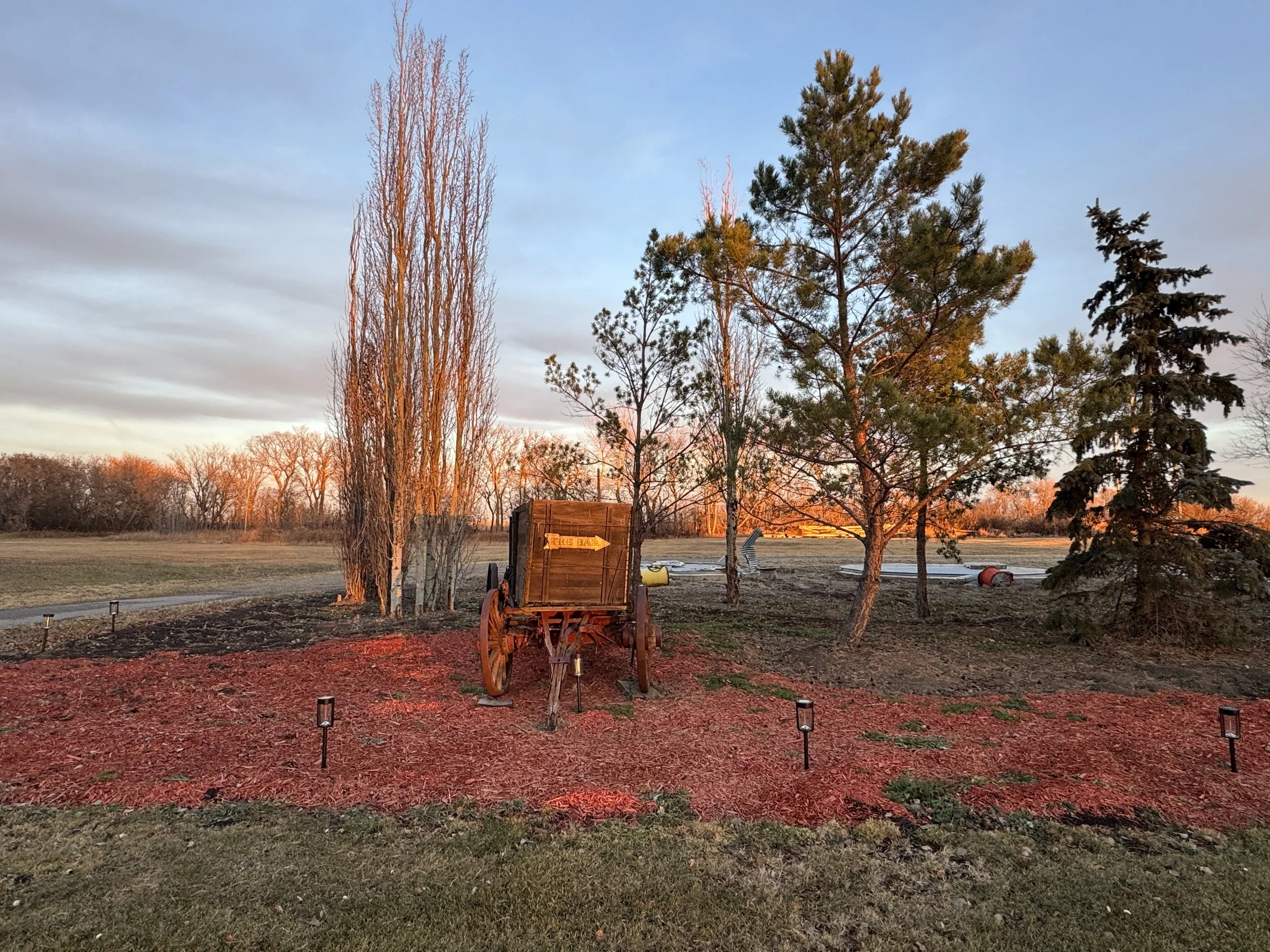 Outdoor grounds featuring mature trees, a vintage wagon, and landscaped gardens.