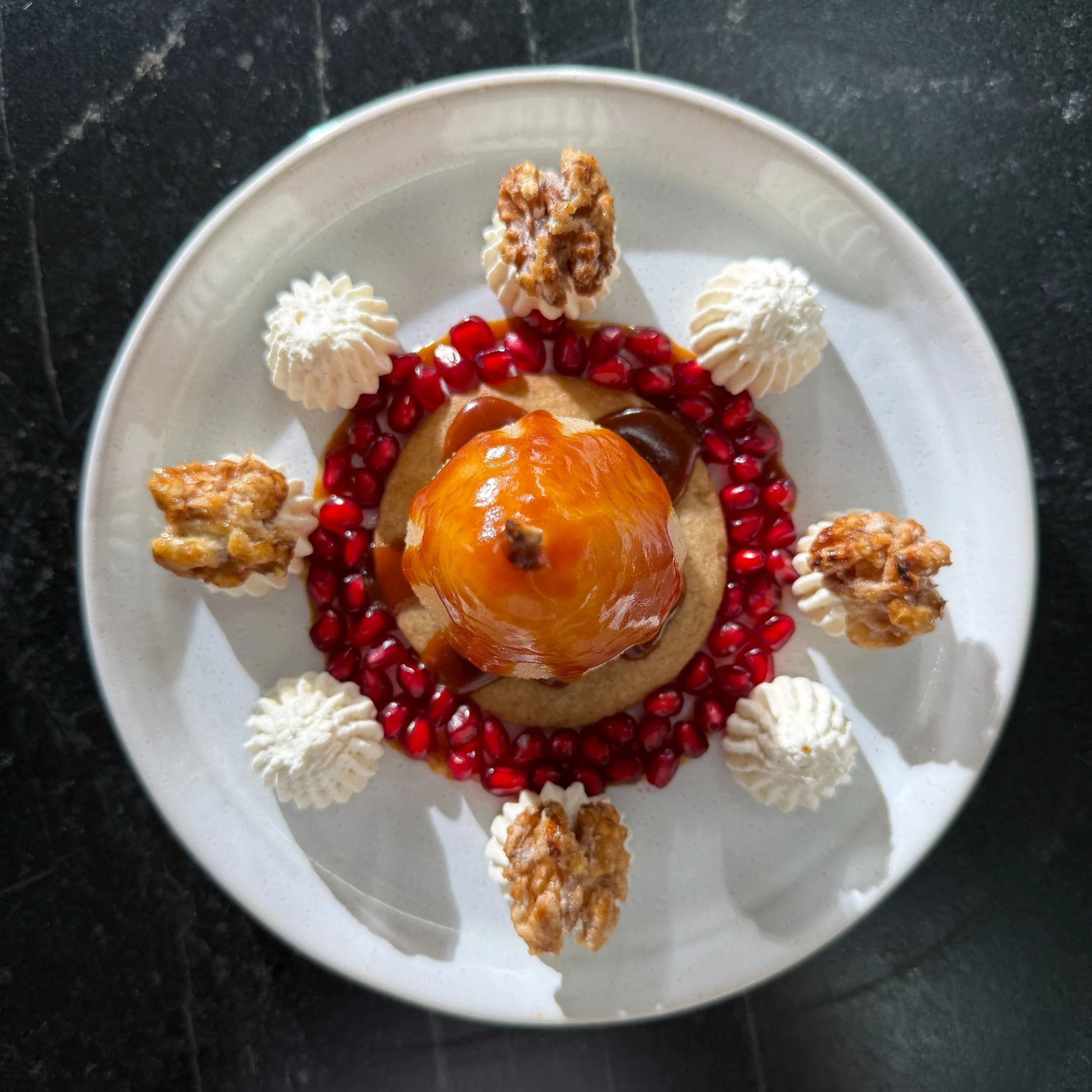 POACHED PEARS WITH CINNAMON SHORTBREAD, CARAMEL, CANDIED WALNUTS AND POMEGRANATE
