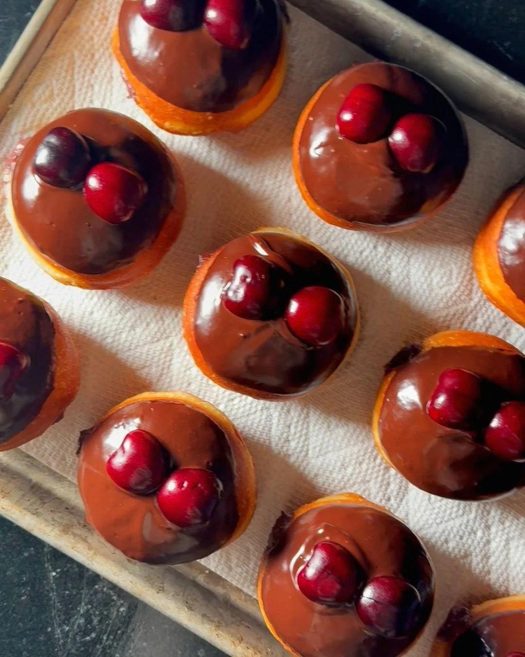 BRIOCHE DONUTS WITH CHERRY VANILLA CREAM &amp; CHOCOLATE GANACHE