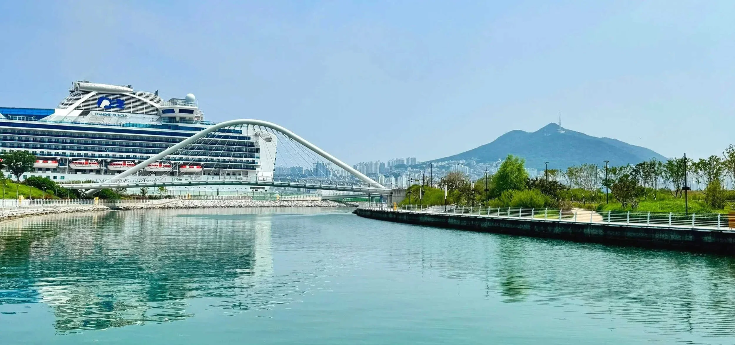 Diamond Princess cruise ship docked at Busan Cruise Port in South Korea, with the waterfront bridge, city skyline, and mountains in the background