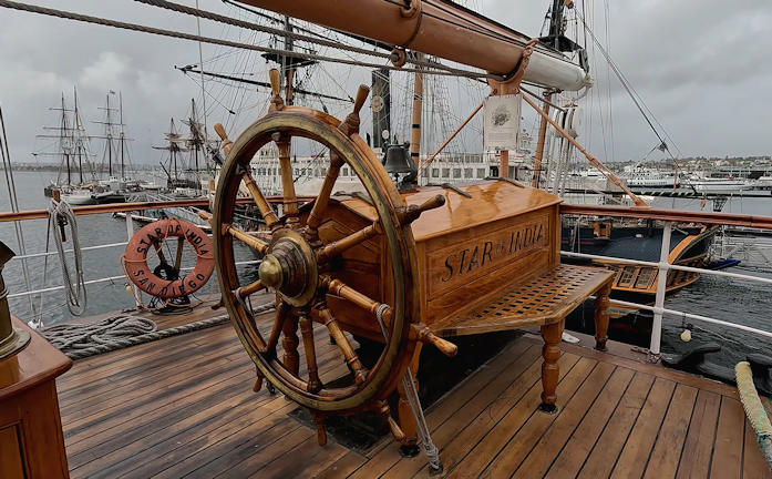 Star of India ship wheel at the Maritime Museum of San Diego near the cruise port and downtown waterfront